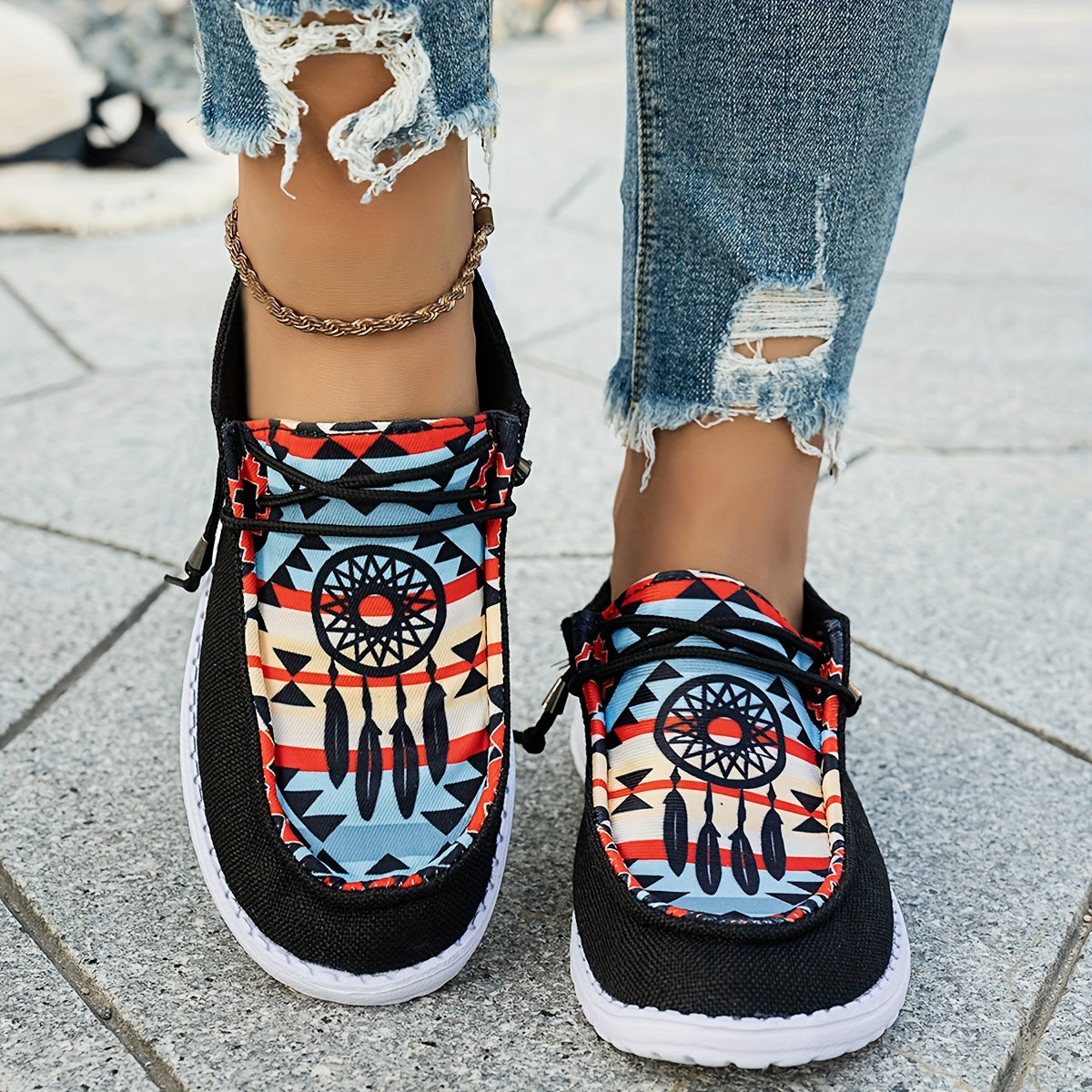 Women's Black Breathable Slip-On Flat Sneakers with Elastic Straps