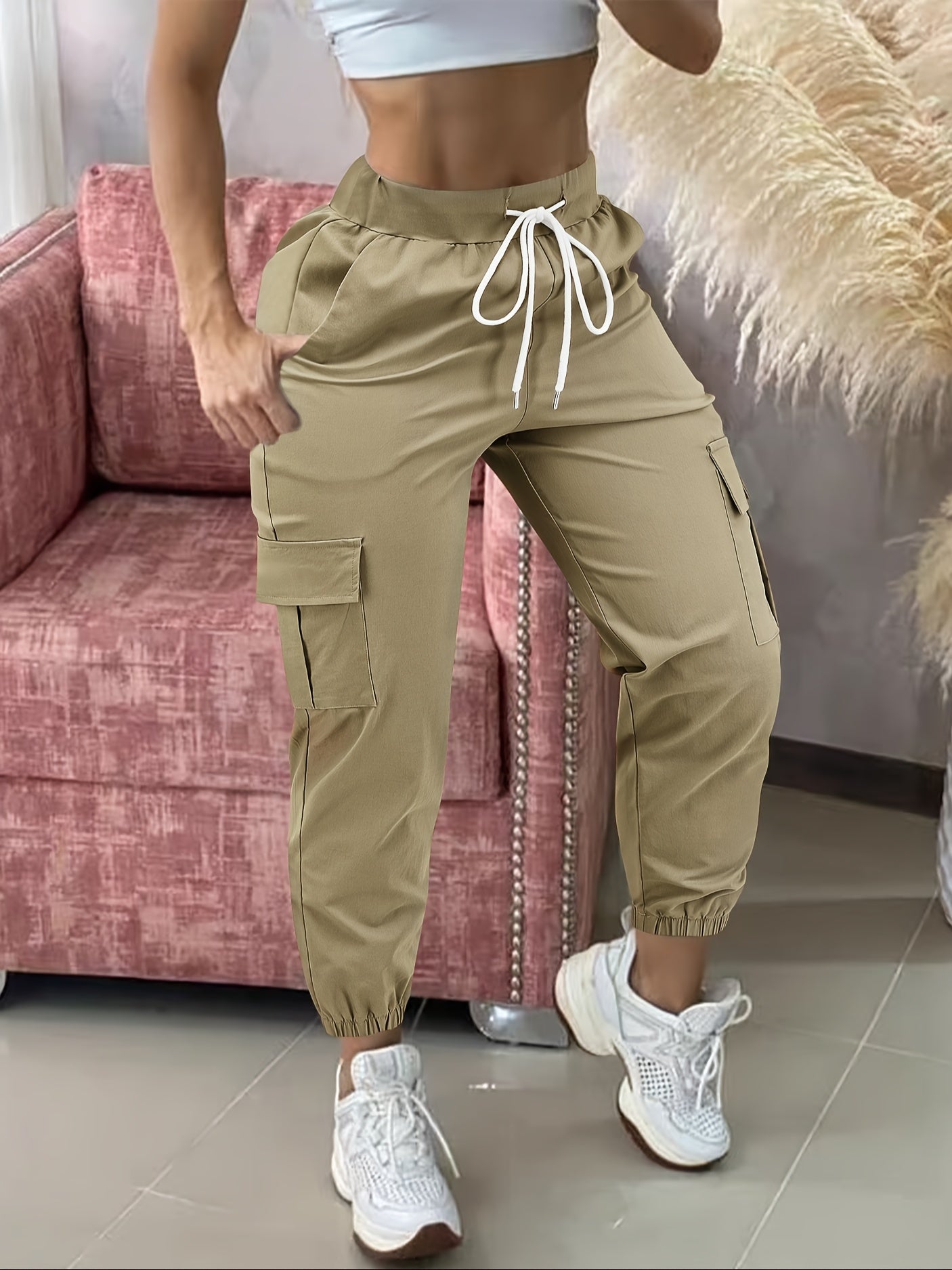 Women's Casual Cargo Pants Polyester Drawstring Waist Solid Color All-Season