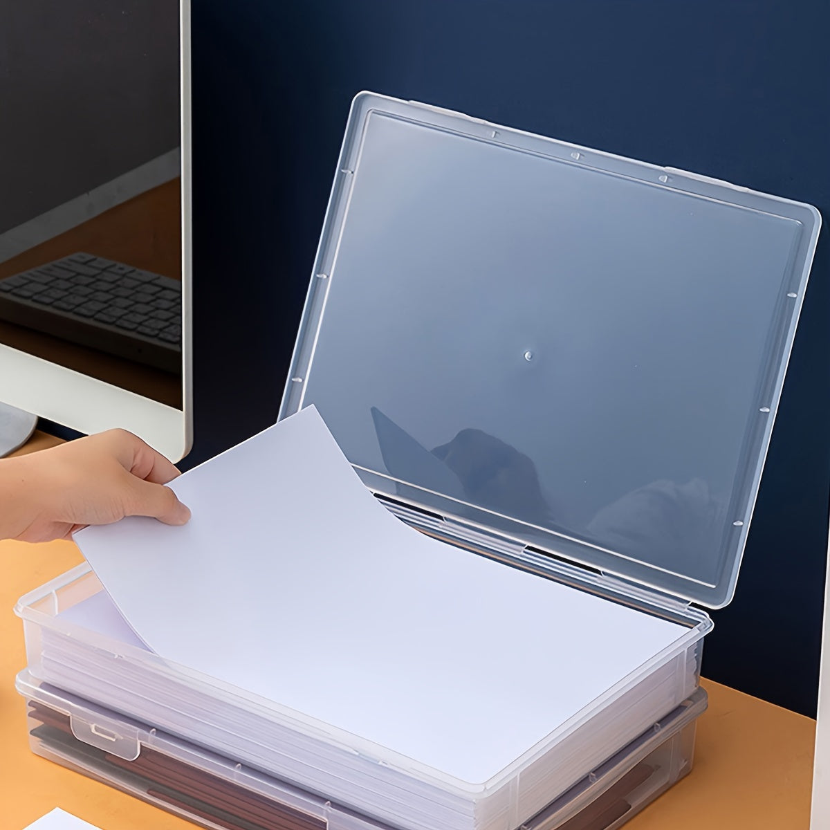 Large Transparent Plastic Storage Box with Flip Lid for Documents and Office Use