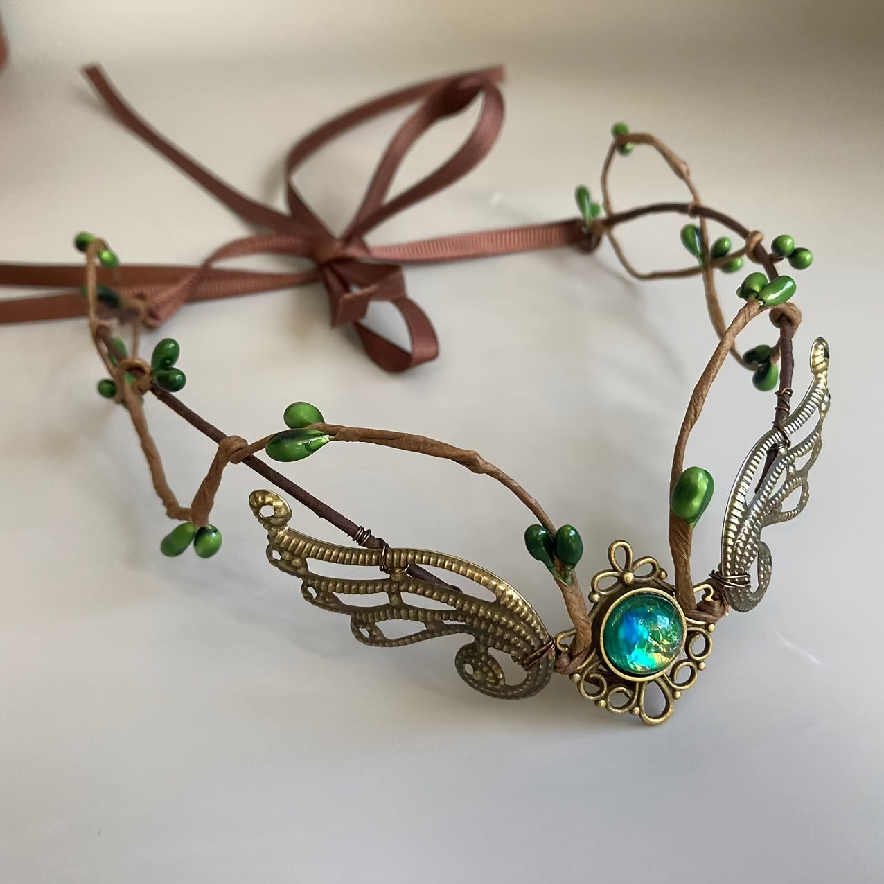 Vintage Elf Crown Headpiece with Faux Gemstones Medieval Witch Tiara for Halloween Cosplay