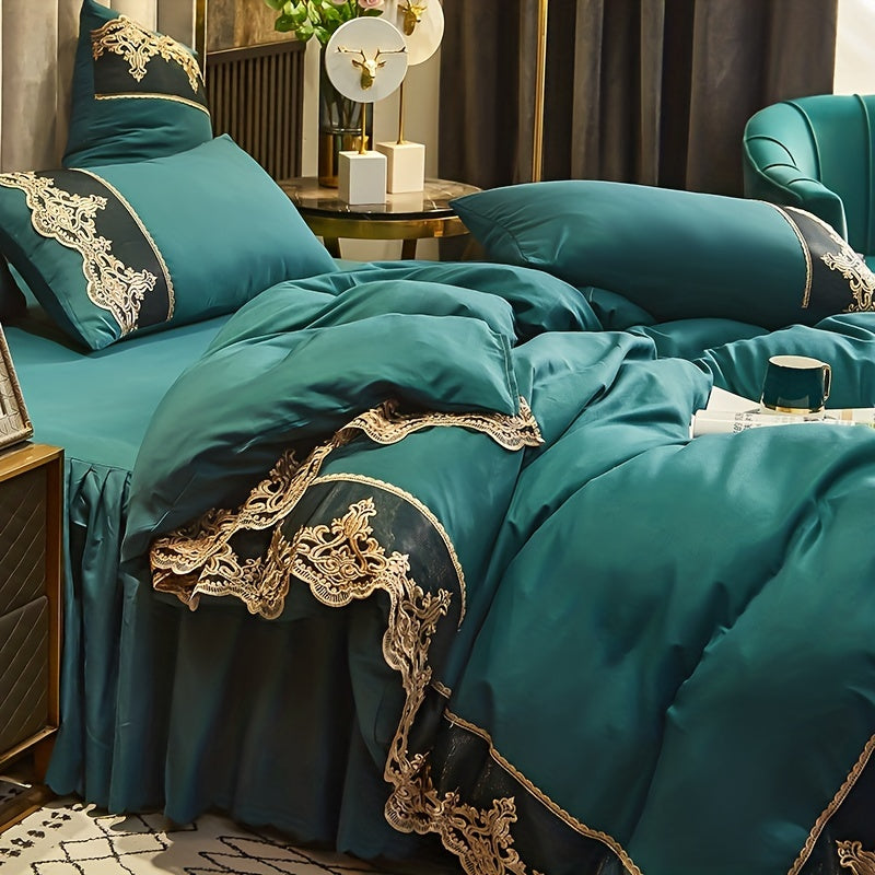 Green Lace Bedding Set with Quilt Cover and Pillowcases Solid Color All-Season Polyester
