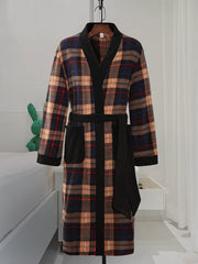 Men's Checkered Fleece Robe with Pockets, Long Sleeve, Fall Winter Lounge Nightwear