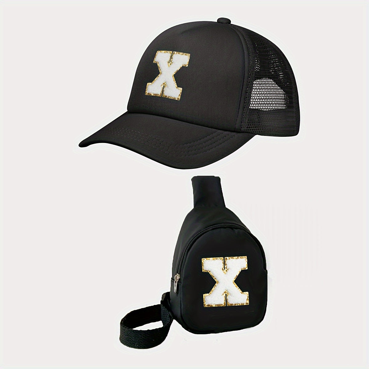 Children's Alphabet Baseball Cap and Shoulder Bag Set for Kids 3-14 Polyester Black