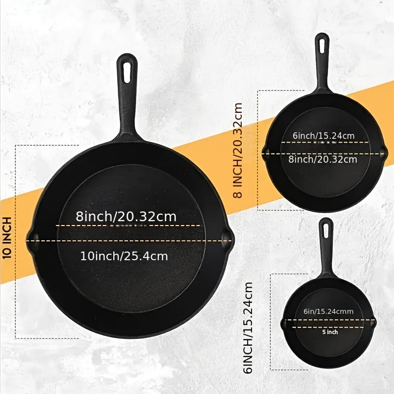 Juego de utensilios de cocina de hierro fundido de 3 piezas: sartén, parrilla y sartén para asar a la parrilla y saltear