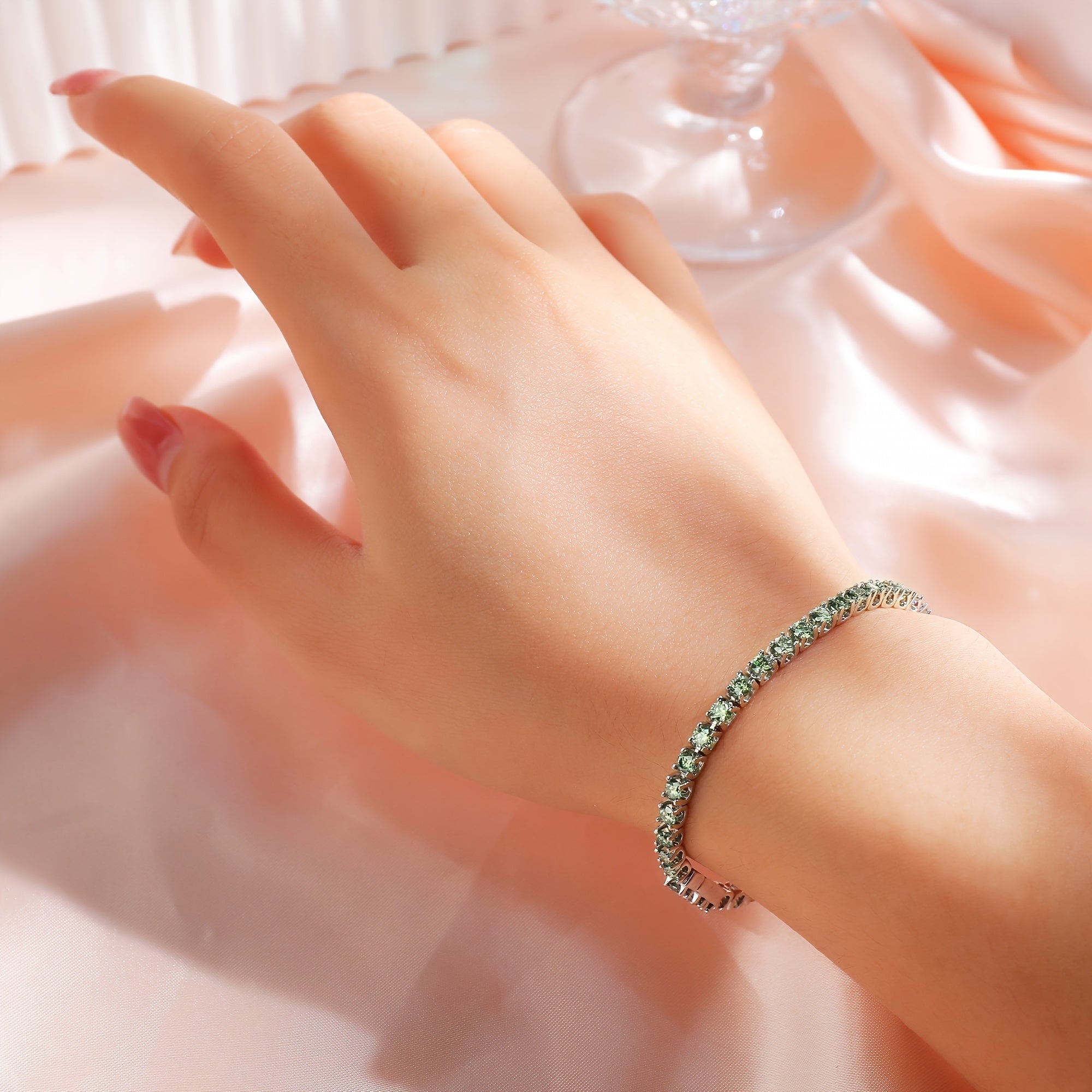 Sterling Silver Tennis Bracelet with Green Moissanite Stones and Gold Plating for Women