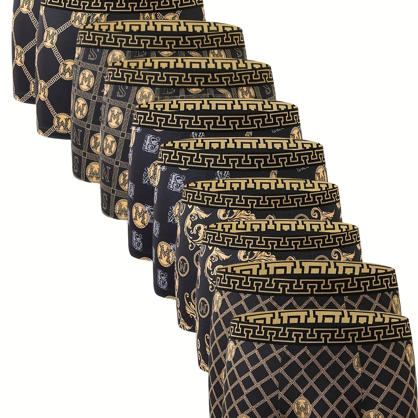 Men's Boxer Briefs 10 Pack Black Gold Print High Stretch Polyester Quick-Dry Comfort for Golf