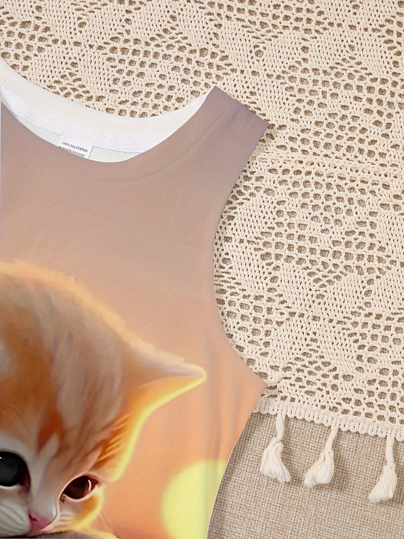 Kids Girls Sleeveless Dress with Kitten and Sunset Print for Summer and Spring