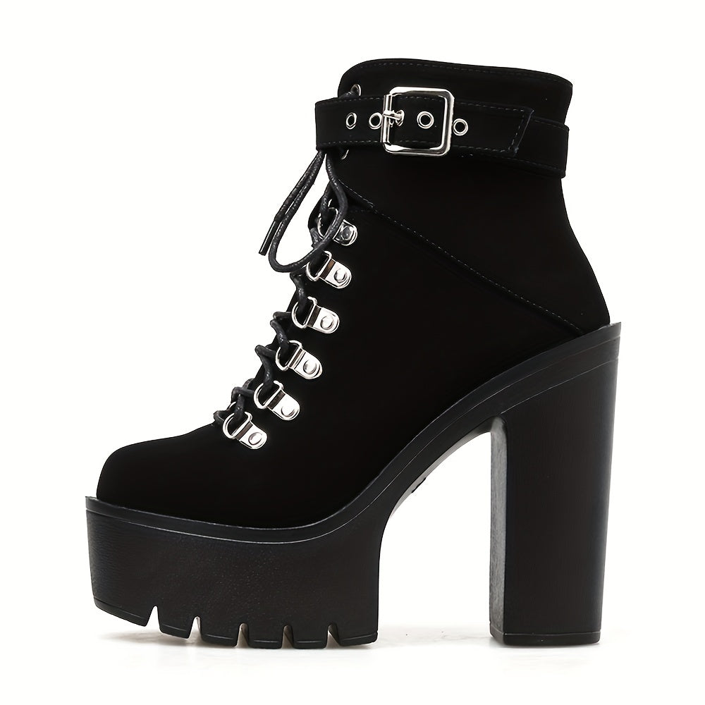 Women's Black Platform Block Heel Ankle Boots, Lace Up Buckle Strap, Fashion Party Motorcycle Style
