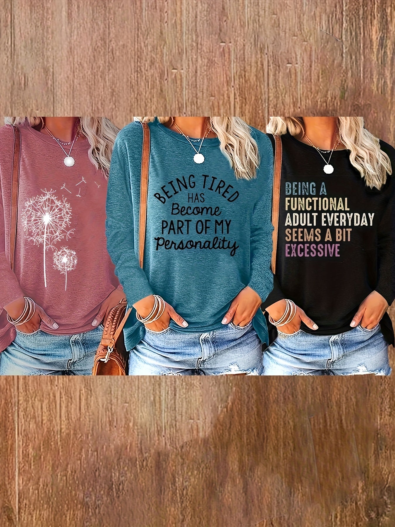 Plus Size Women Long Sleeve T-Shirts Polyester Knit Geometric Pack of 3