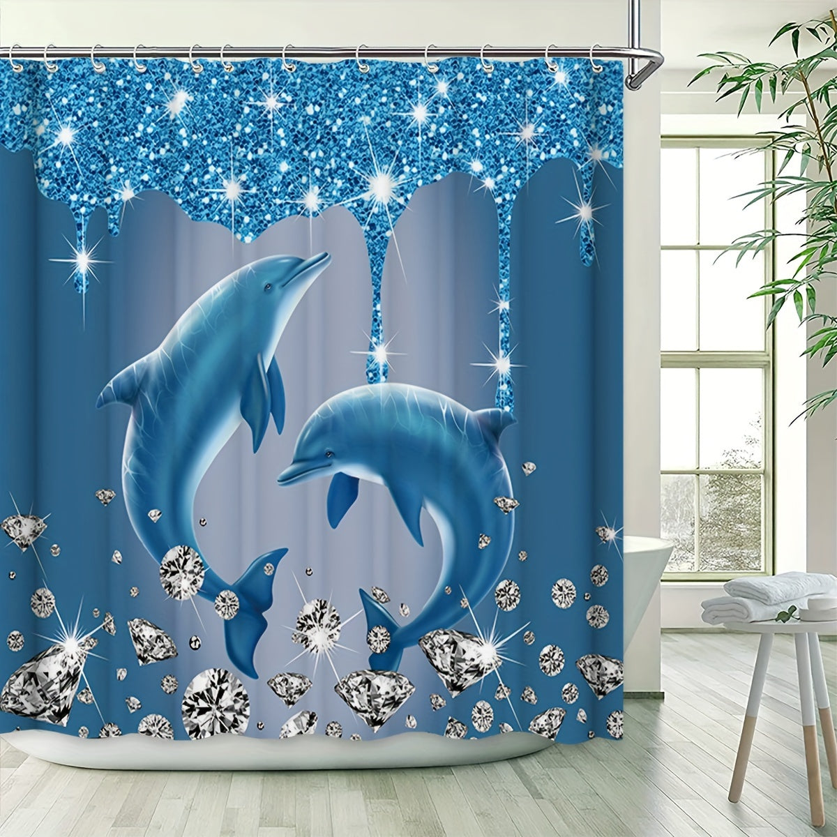 Diamond Dolphin Print Shower Curtain Set Waterproof Polyester Bathroom Decor with Hooks Bath Mat Rug and Toilet Lid Cover