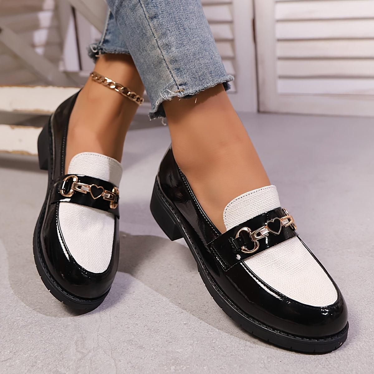 Women's Black and White Loafers with Golden Chain Slip-On Chunky Heel