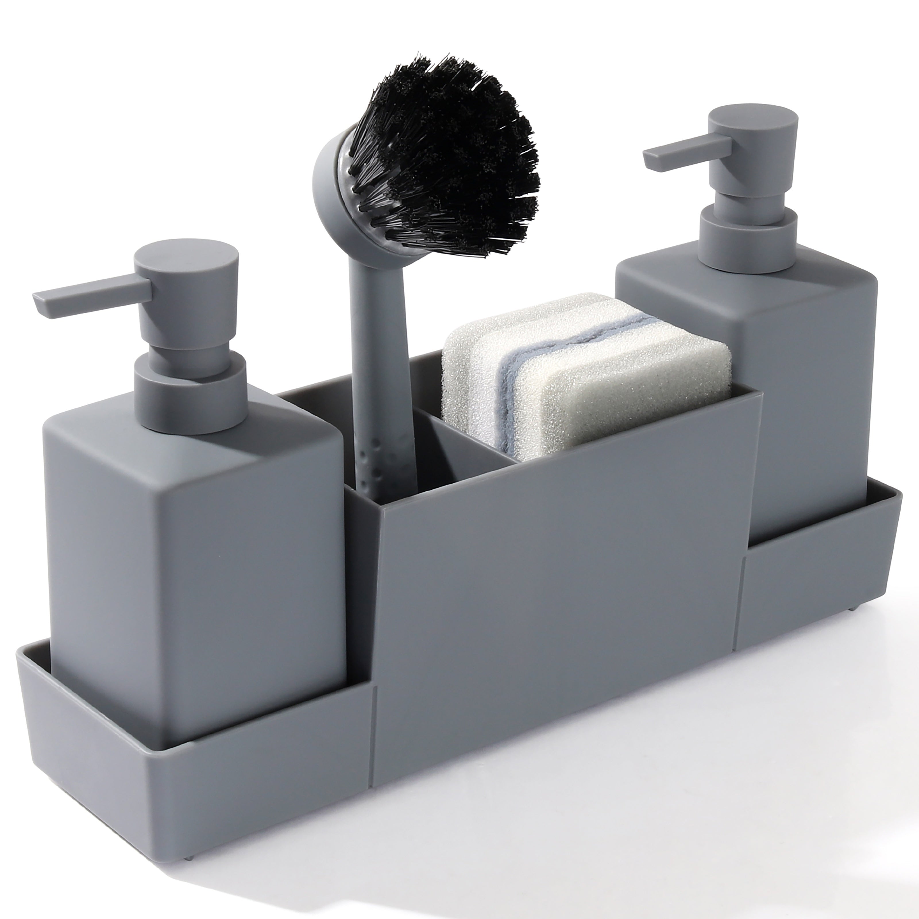Dispensador de jabón doble negro con soporte para esponja y cepillo para platos para fregadero de cocina