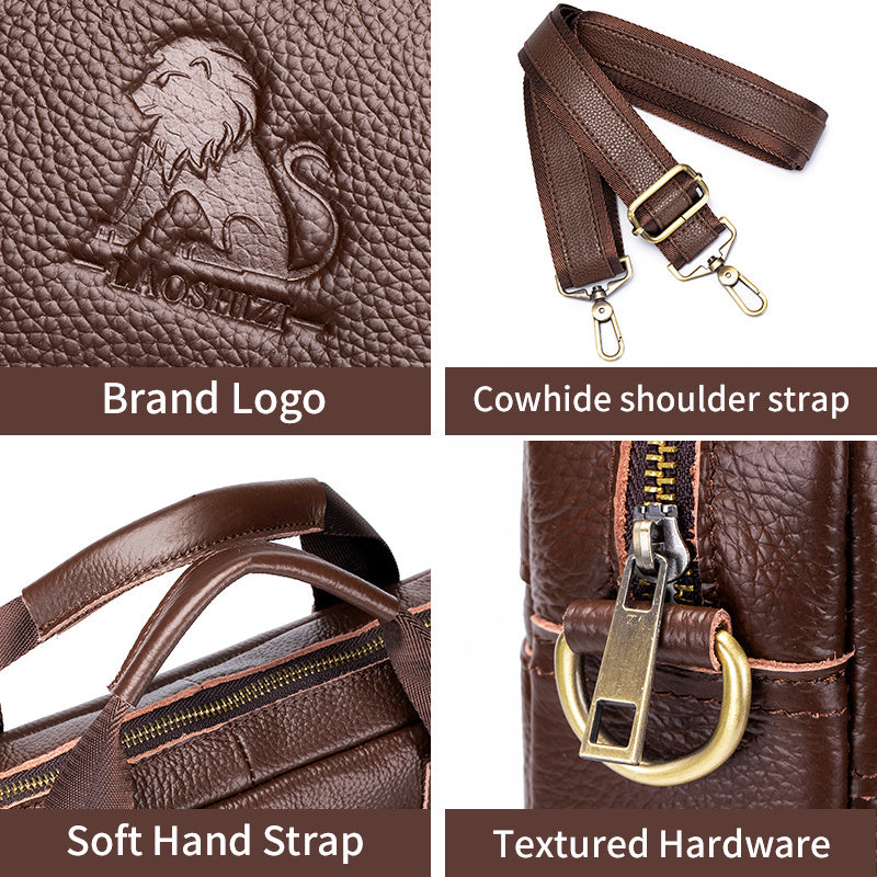 Men's Leather Briefcase with Multiple Compartments and Adjustable Shoulder Strap Coffee
