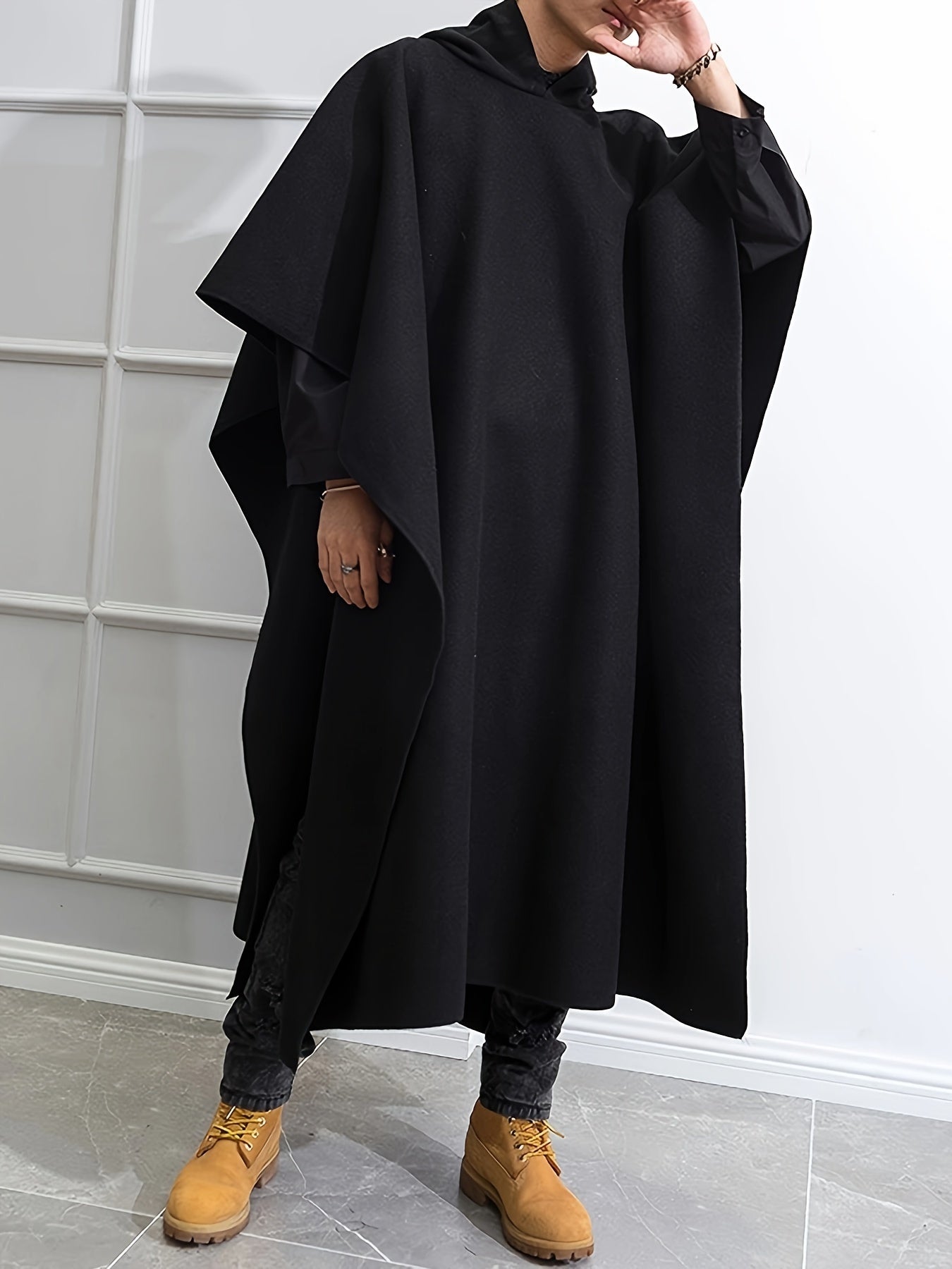 INCERUN Erkaklar uchun Keng Fitli Kapüşonli Kloak, Bahor/Kuz uchun Polyester Bir Rangli Palto, 180g/m² Matoga ega Tasodifiy Usul, Katta O'lcham