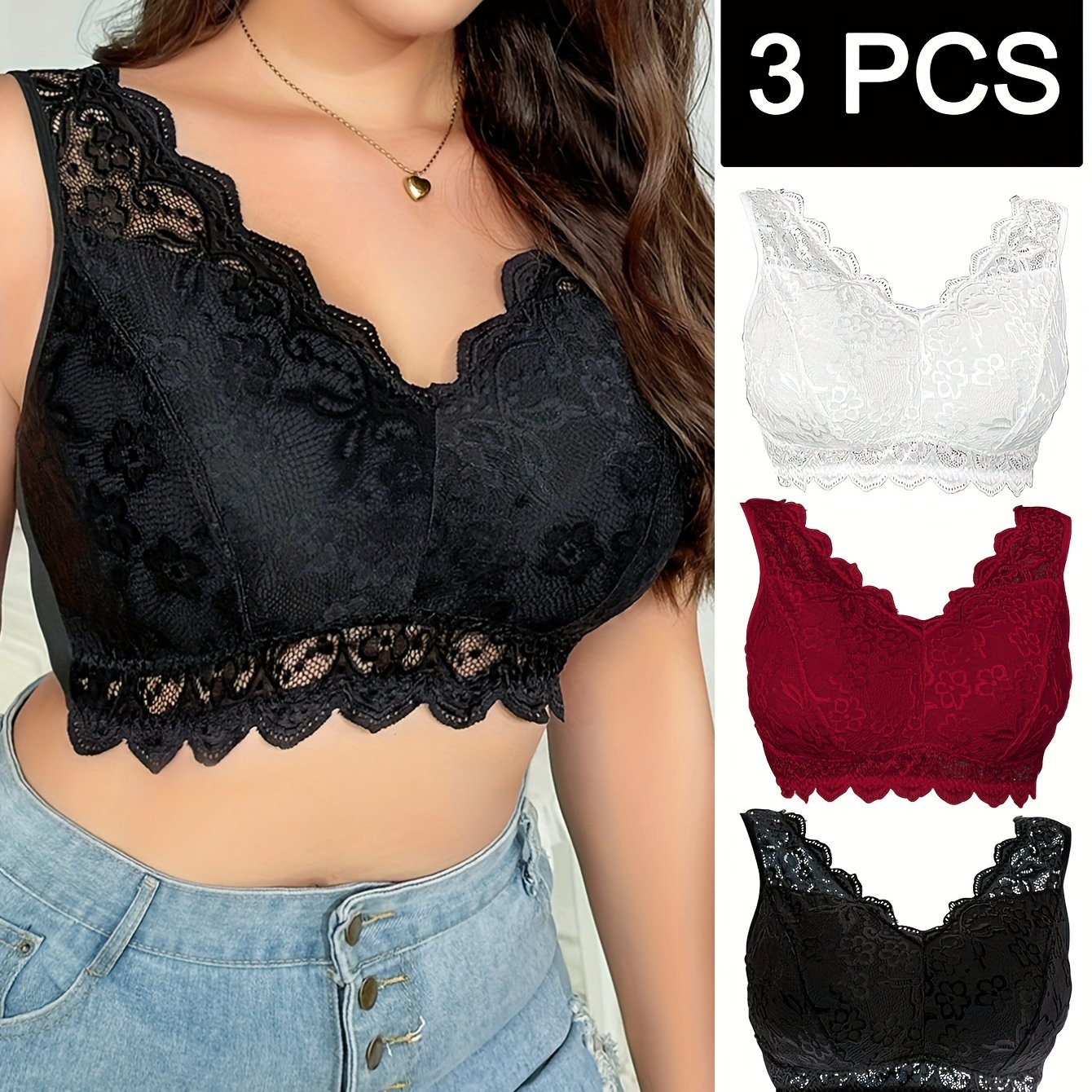 Sujetador sin aros con encaje floral para mujer, talla grande, con escote en V y malla