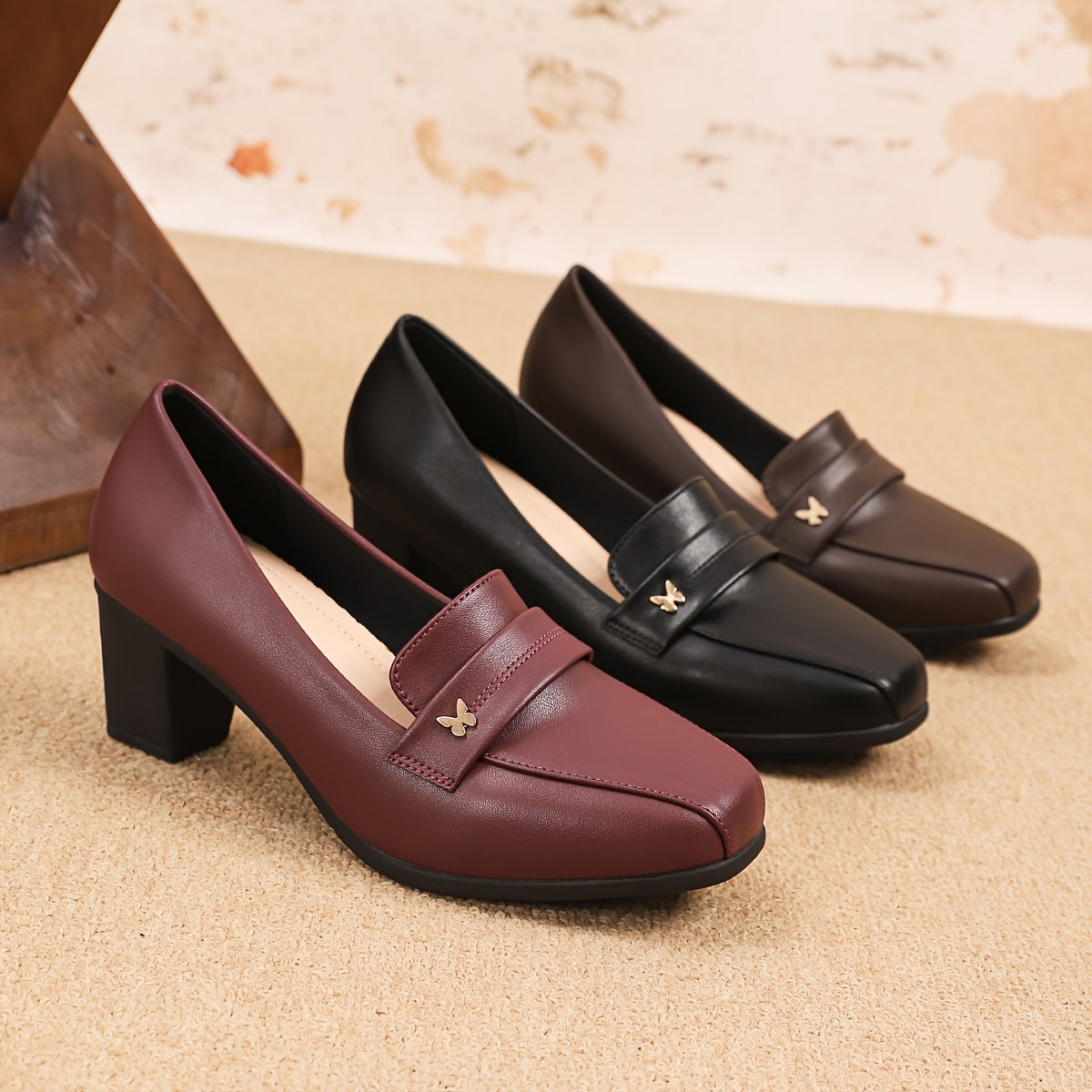 Women Black Block Heel Square Toe Pumps with Gold Butterfly Buckle