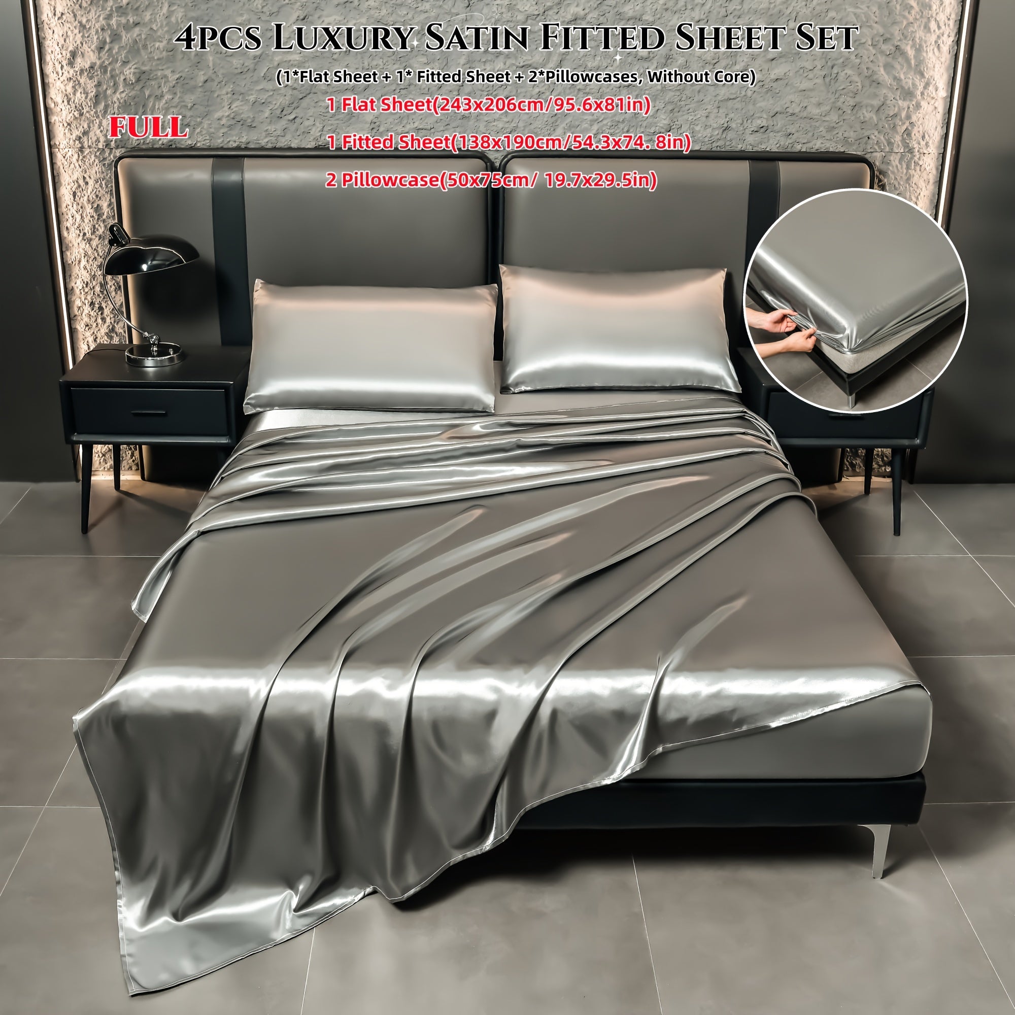 Juego de sábanas de satén de 4 piezas, reversible, transpirable, antideslizante, de color sólido para dormitorio, invitados, hotel