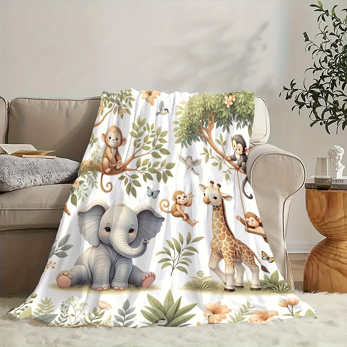 Soft Flannel Throw Blanket with Animal Designs Elephant Giraffe Monkey Cozy Plush for Couch Bed Travel