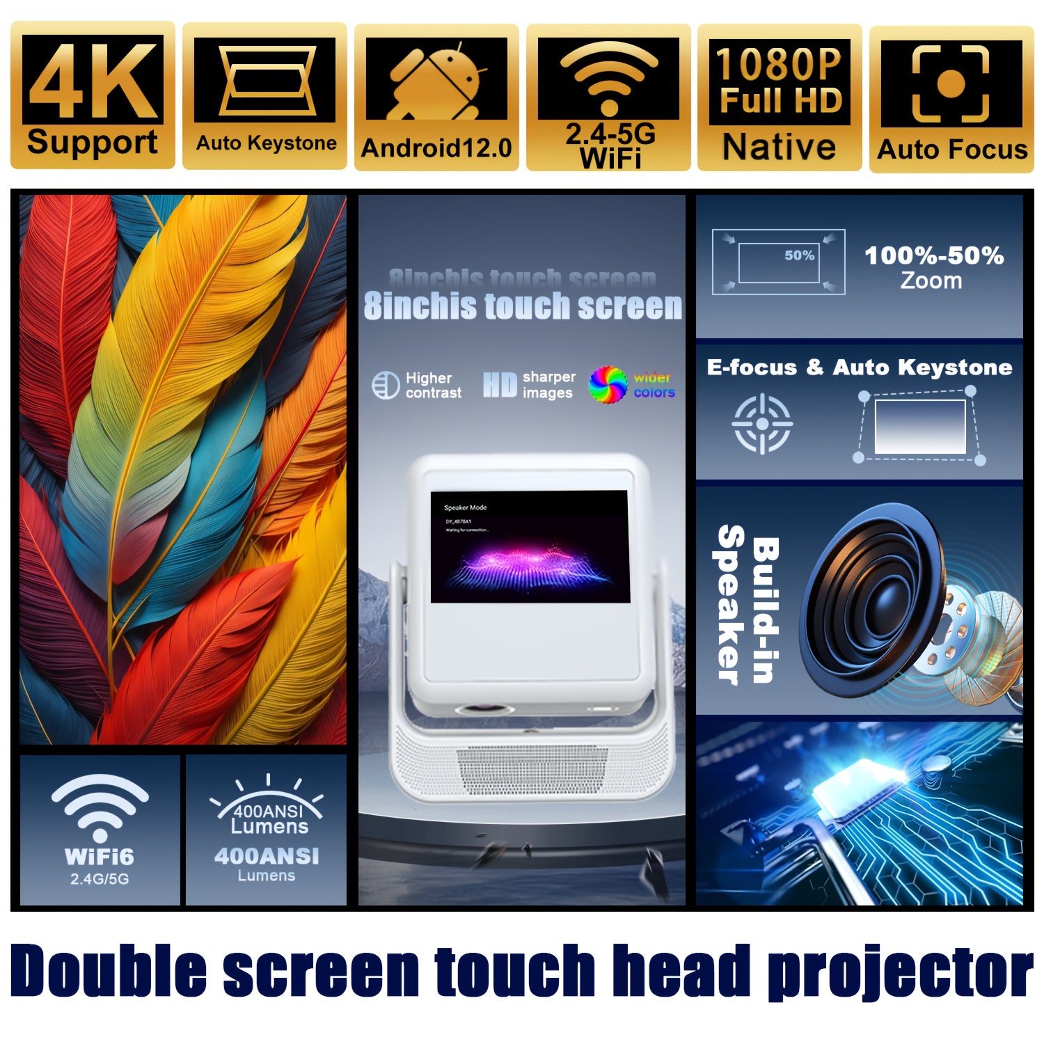 Home Theater 4K Projector 1080P Full HD WiFi Auto Focus and Keystone