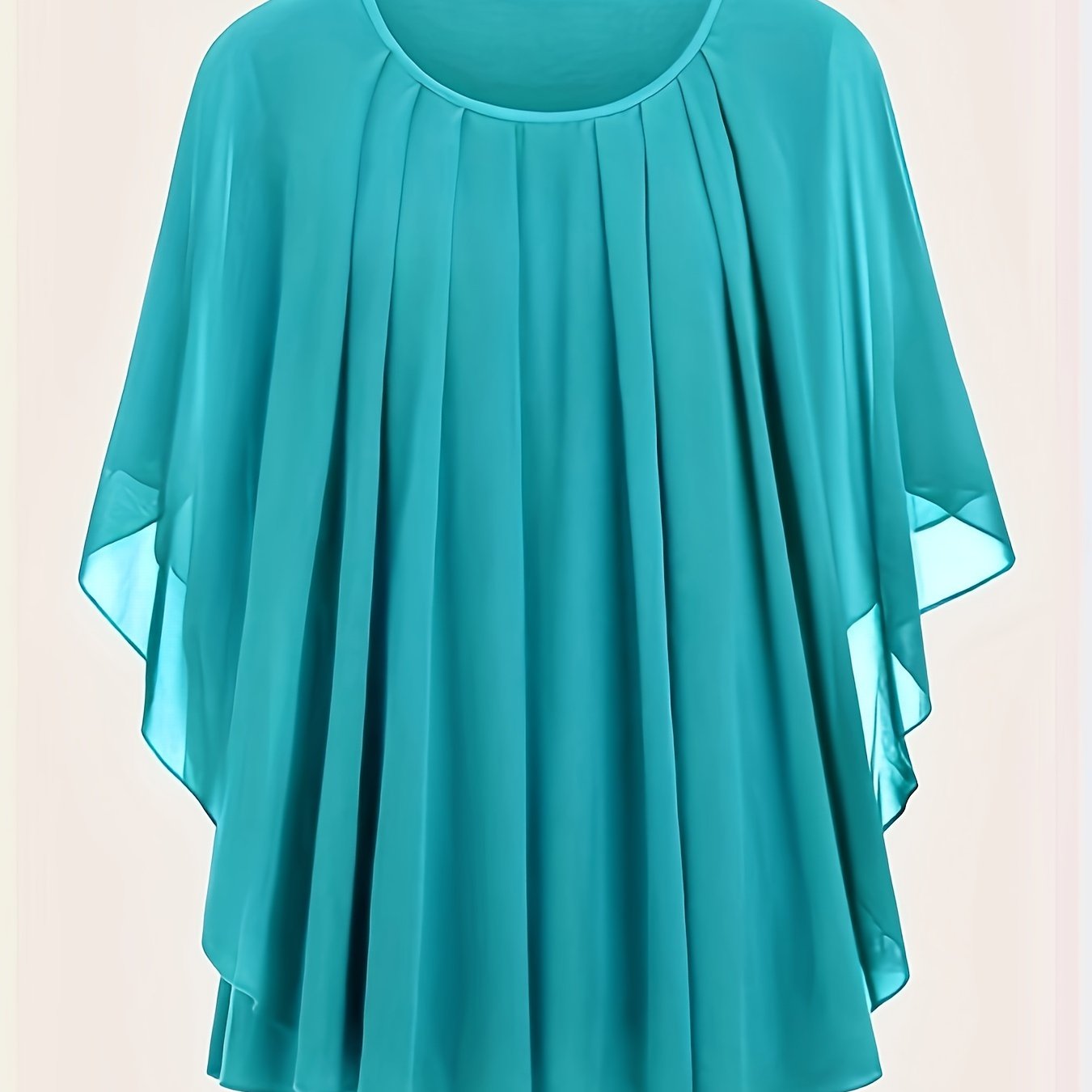 Plus Size Solid Pleated Batwing Sleeve Blouse with Crew Neck for Spring and Summer