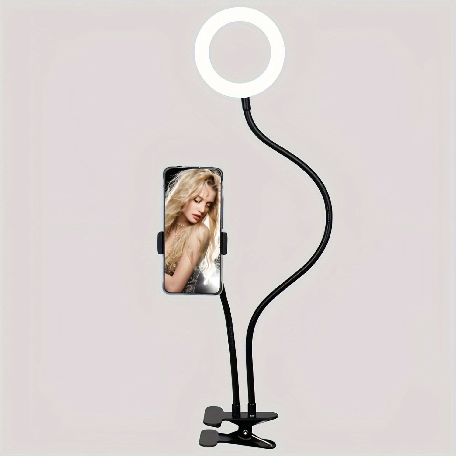 Iron Phone Grip Stand with Ring Light and Clip-On Gooseneck Light for Desk Reading Video Recording