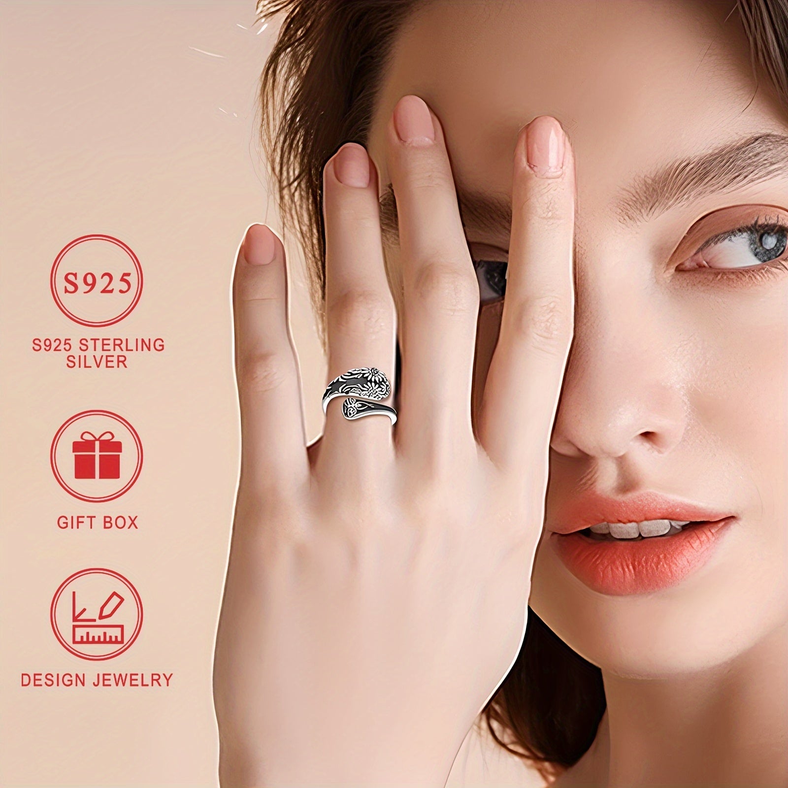 "Sterling Silver qoshiq halqa, quyosh gul va chamomile dizayni - Vintage Bohemian uslubi, kapalak va gullar o'yilgan, gippoallergen, sovg'a qutisi bilan birga - Onalar kuni va har kuni kiyish uchun ideal"