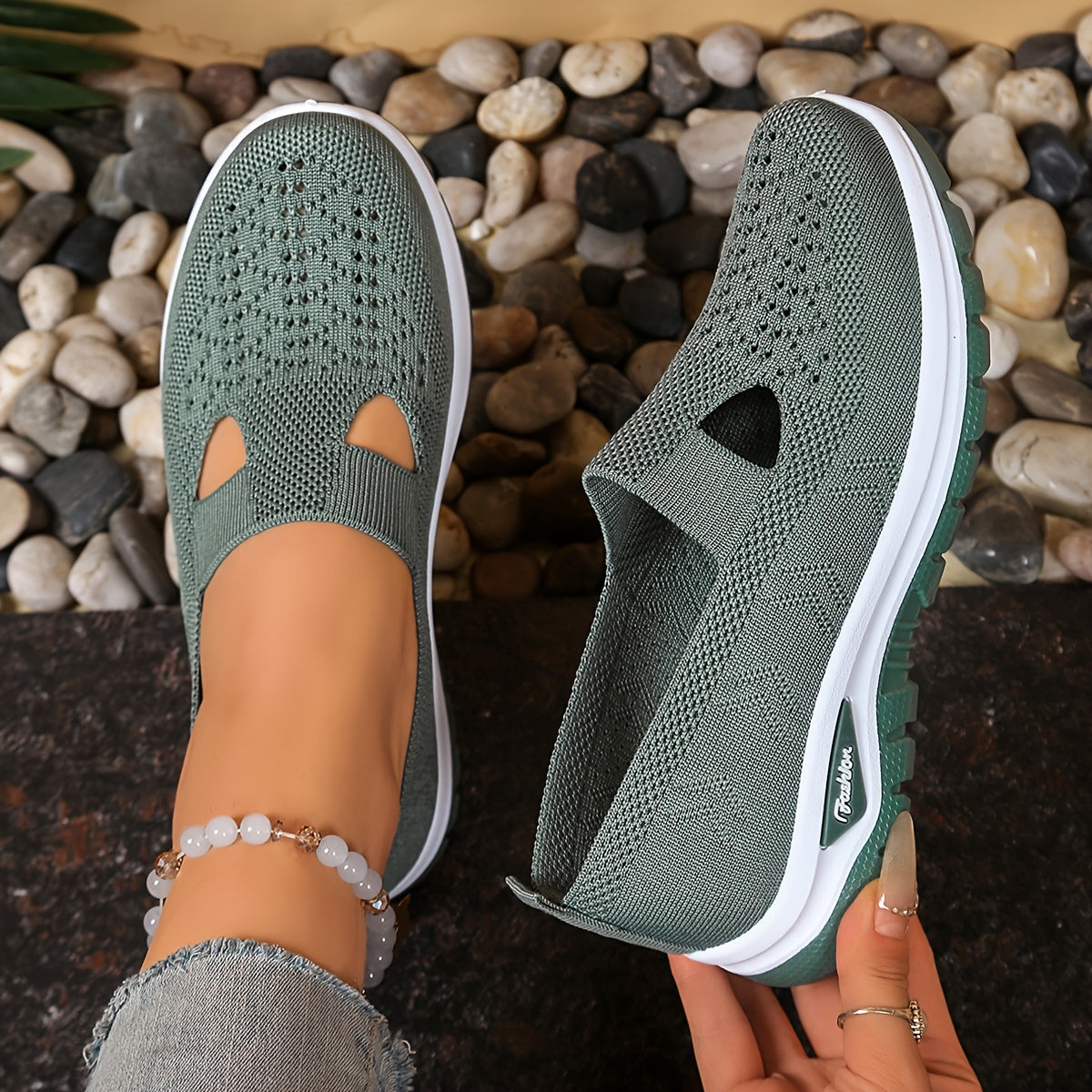 Women's Knit Slip-On Sneakers Breathable Mesh Cushioned Sole Black