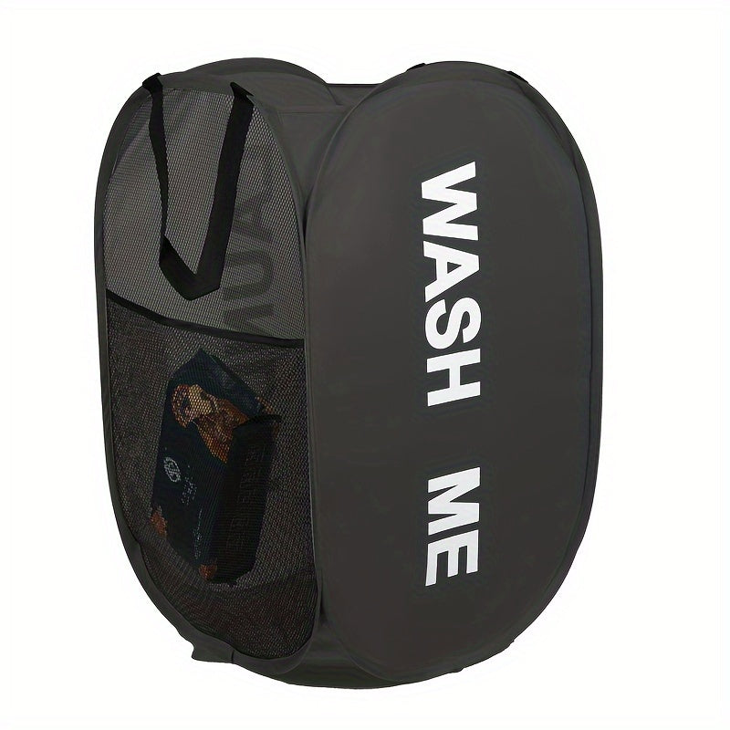 Gray Foldable Laundry Basket with "Wash Me" Print, Multi-Compartment, Portable