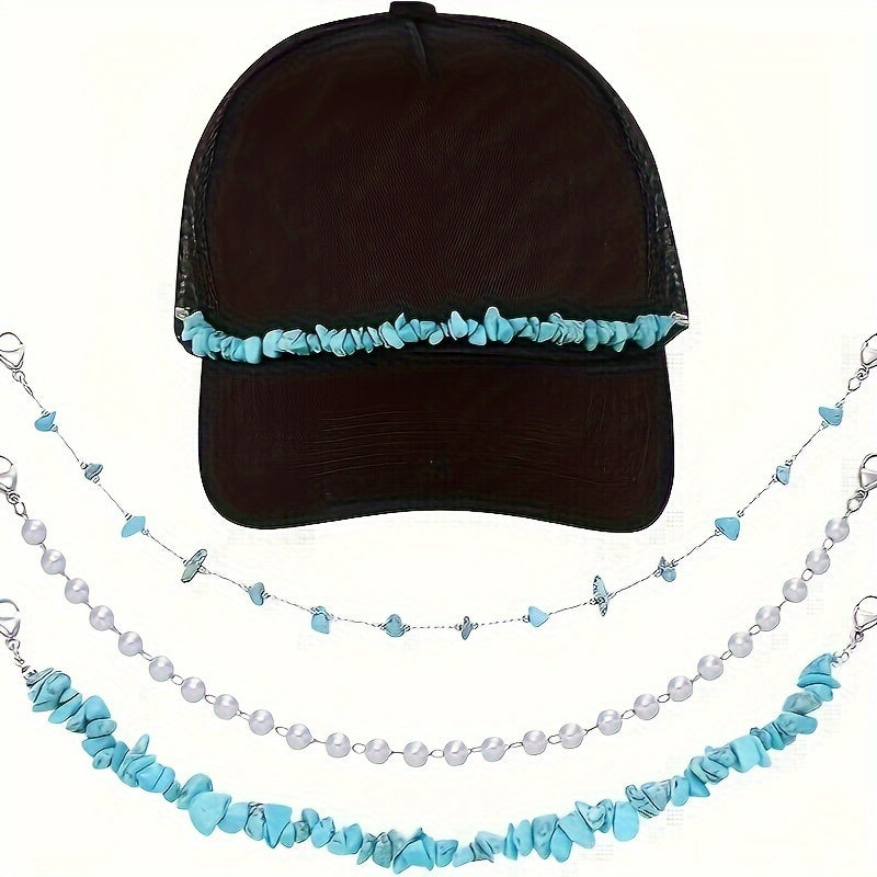 3-Piece Baseball Cap Set with Artificial Pearl Turquoise and Stainless Steel Chains for Parties and Daily Wear