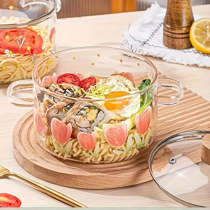 Glass Soup Pot with Tulip Print, Heat-Resistant Pad, 5 Sponge Brushes, Non-Stick, Electric Stove Compatible