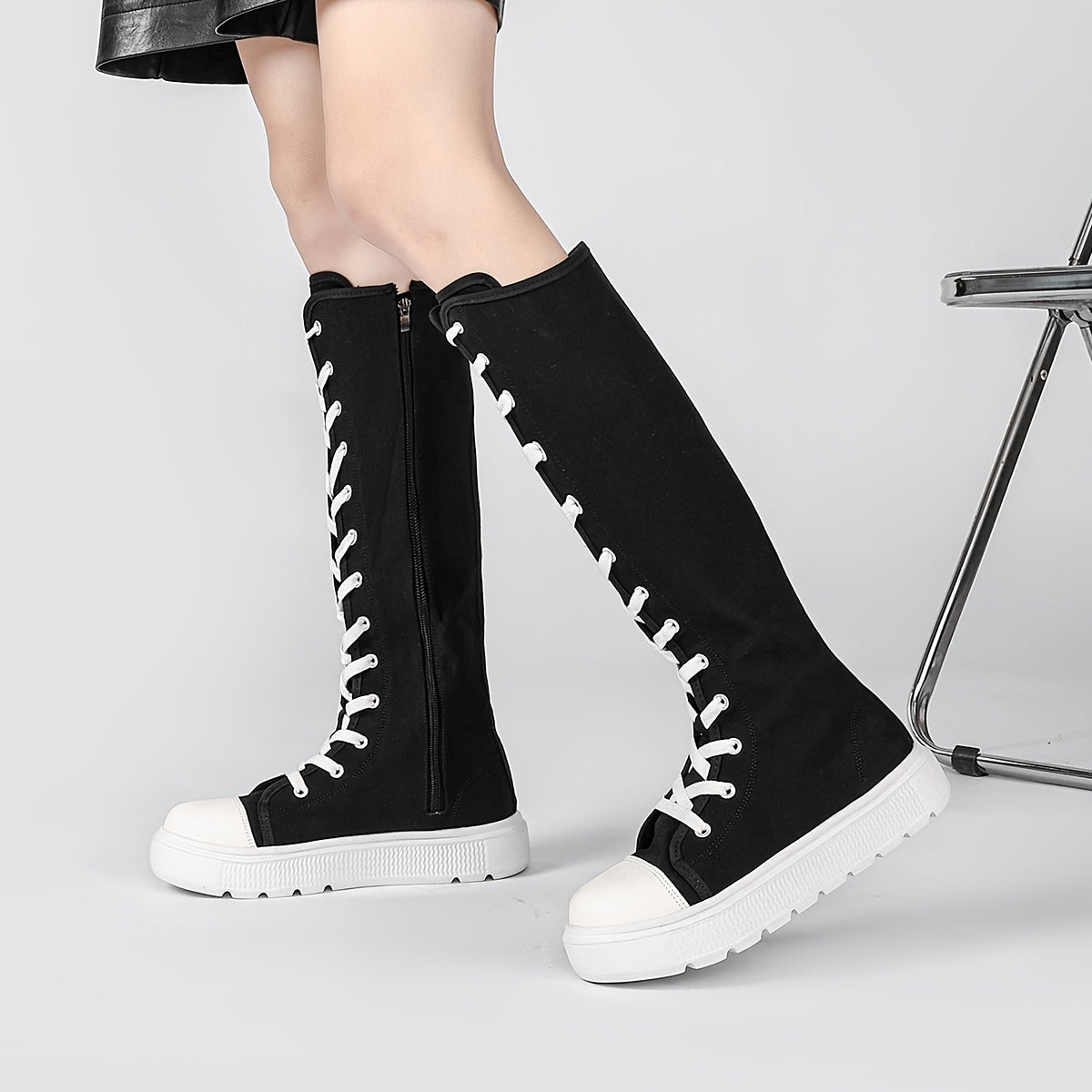 Women's Black Knee-High Lace-Up Leather Boots with Zippers