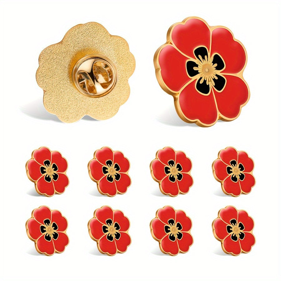 Set of 10 Patriotic Red Flower Alloy Brooches for Men and Women