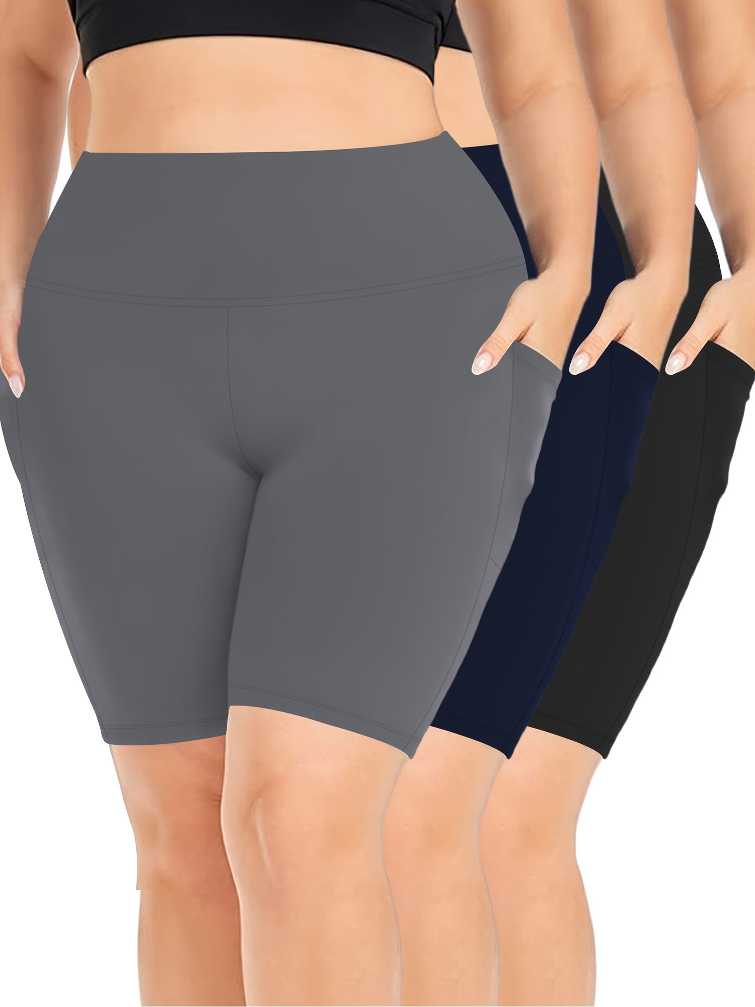Pack de 3 leggings de talla grande para mujer de cintura alta con bolsillos laterales