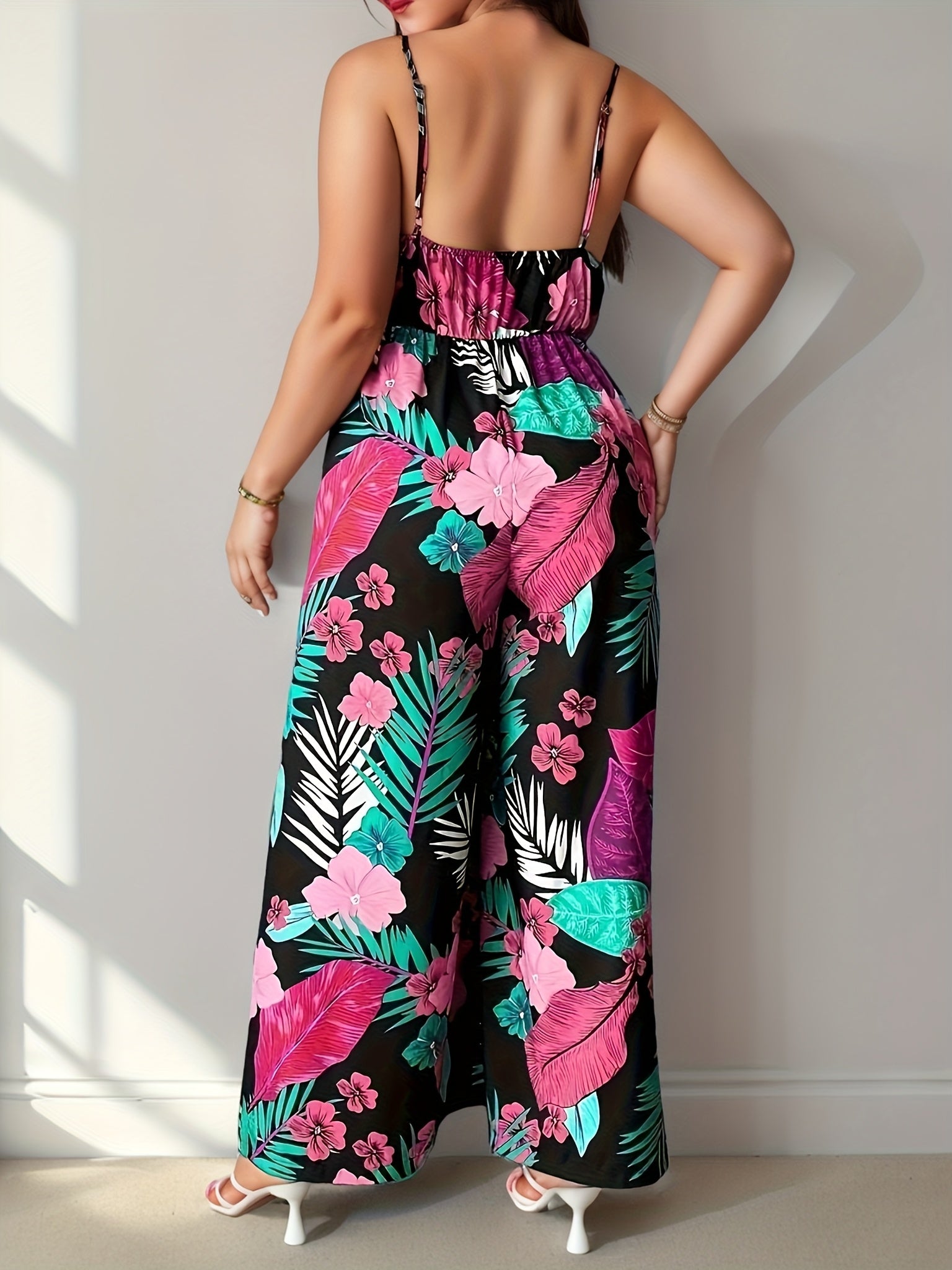 Plus Size Women's Tropical Print Backless Cami Jumpsuit Vacation Style