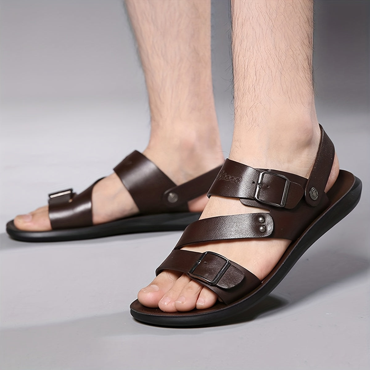 Men's Brown Casual Slip-On Sandals with Rubber Sole Adjustable Buckle