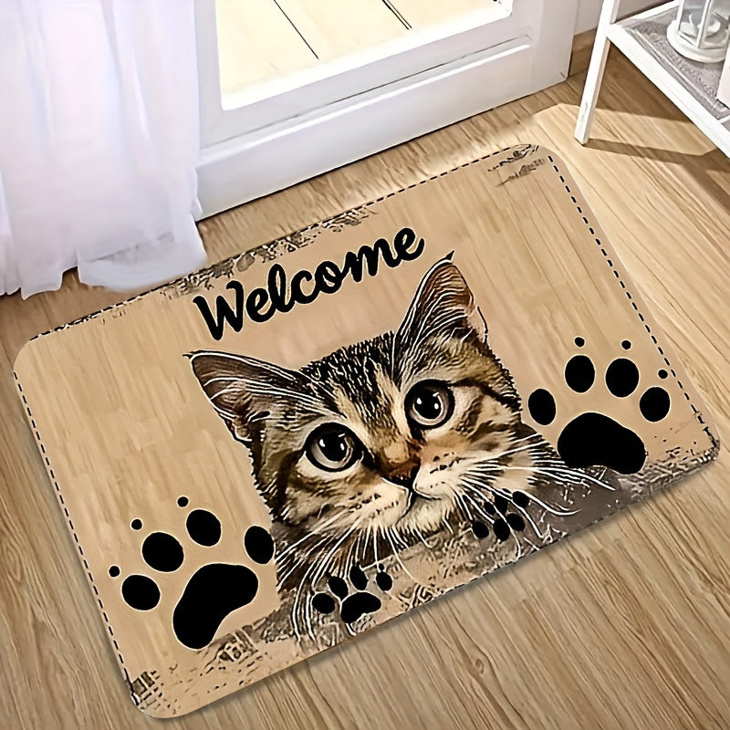 Charming Cat Welcome Mat Bardoshli Polyester Rug Slipperga qarshi Oson tozalash uchun yashash xonasi