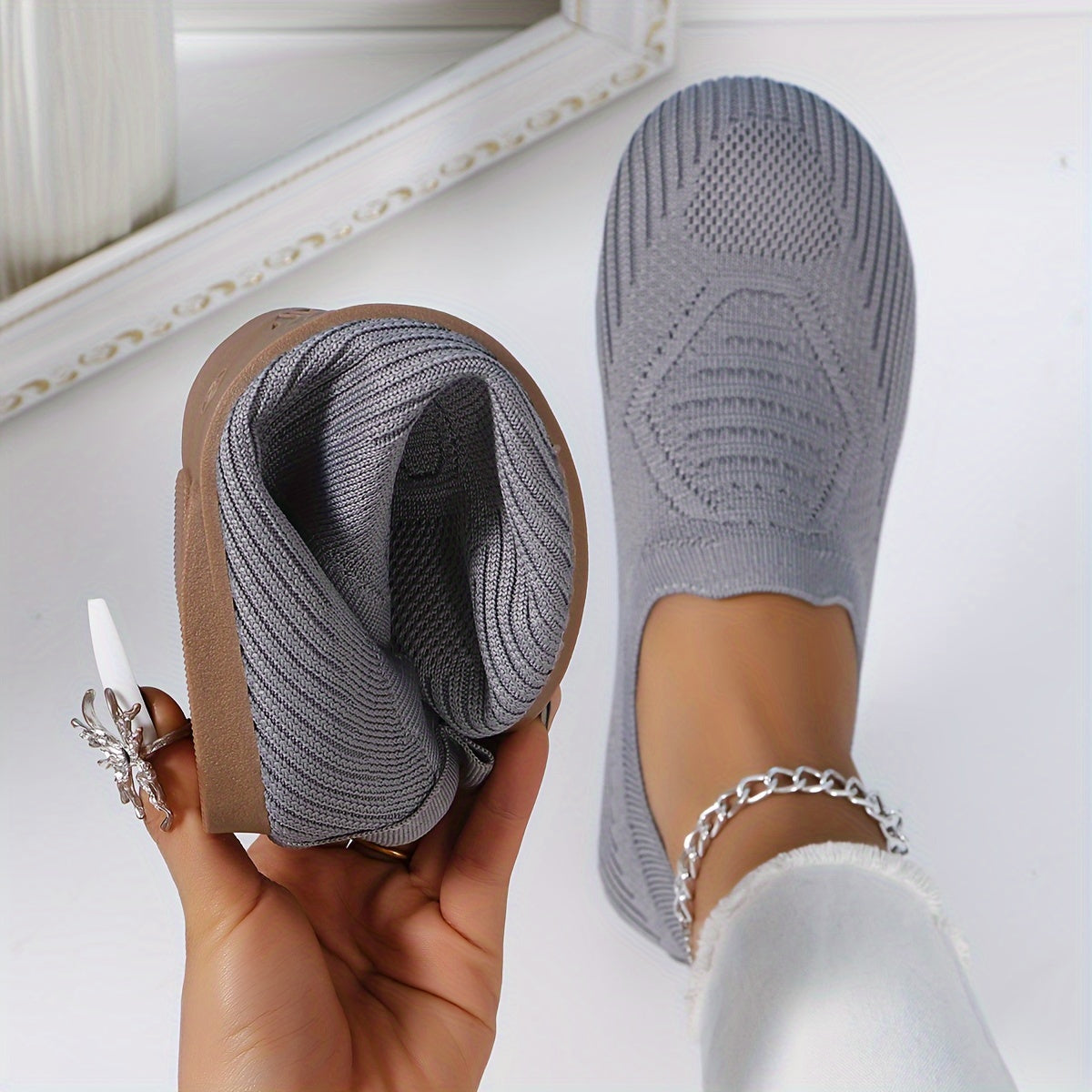 Women's Knit Slip-On Flats Casual Round Toe Mary Jane Shoes Gray Fabric