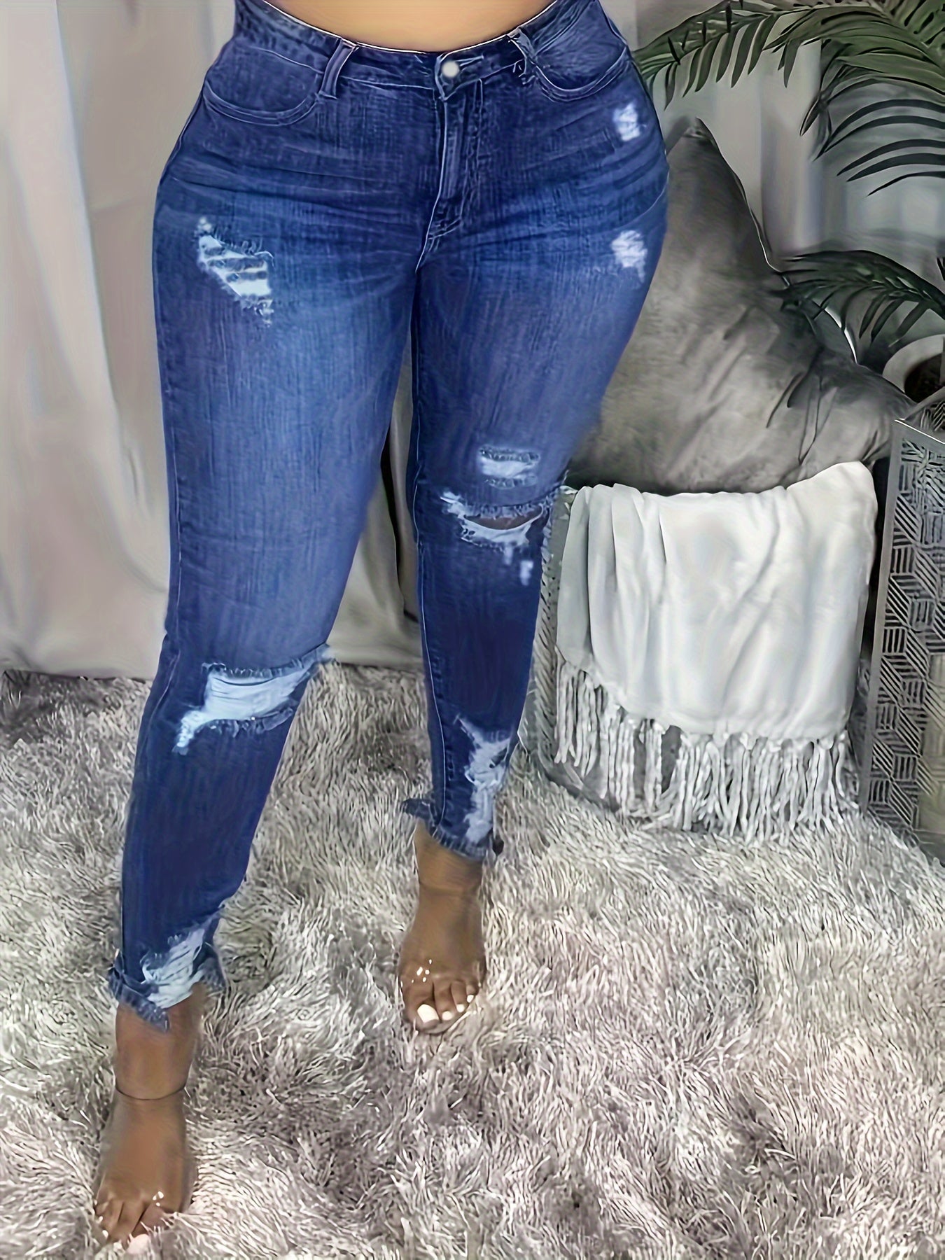 Women's High-Waisted Ripped Skinny Jeans with Stretch Denim in Solid Color