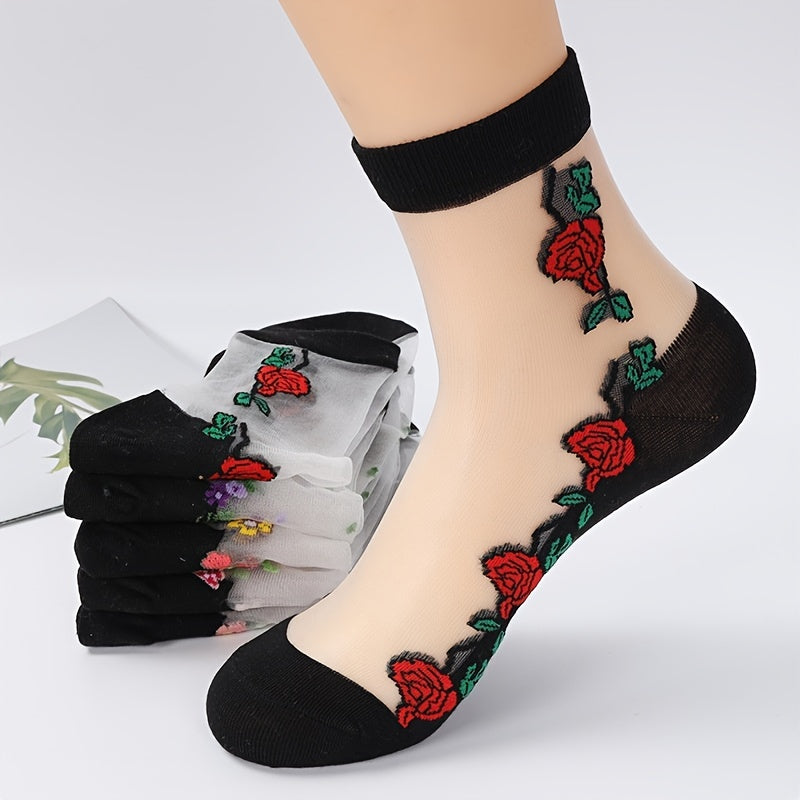 Women's Mesh Short Socks 5 Pairs Floral Pattern Breathable Lightweight Black Multicolor