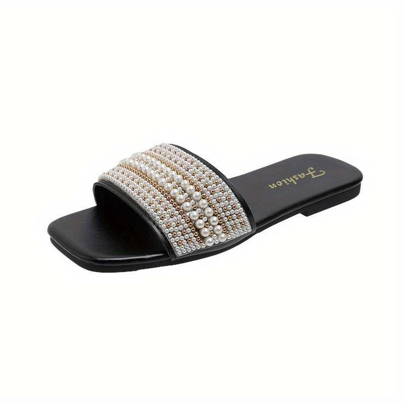 Women’s Pearl-Embellished Slide Sandals Faux Leather Flat Summer Footwear