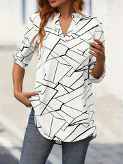 Women's V-Neck Blouse Lightweight Black and White Mosaic Top