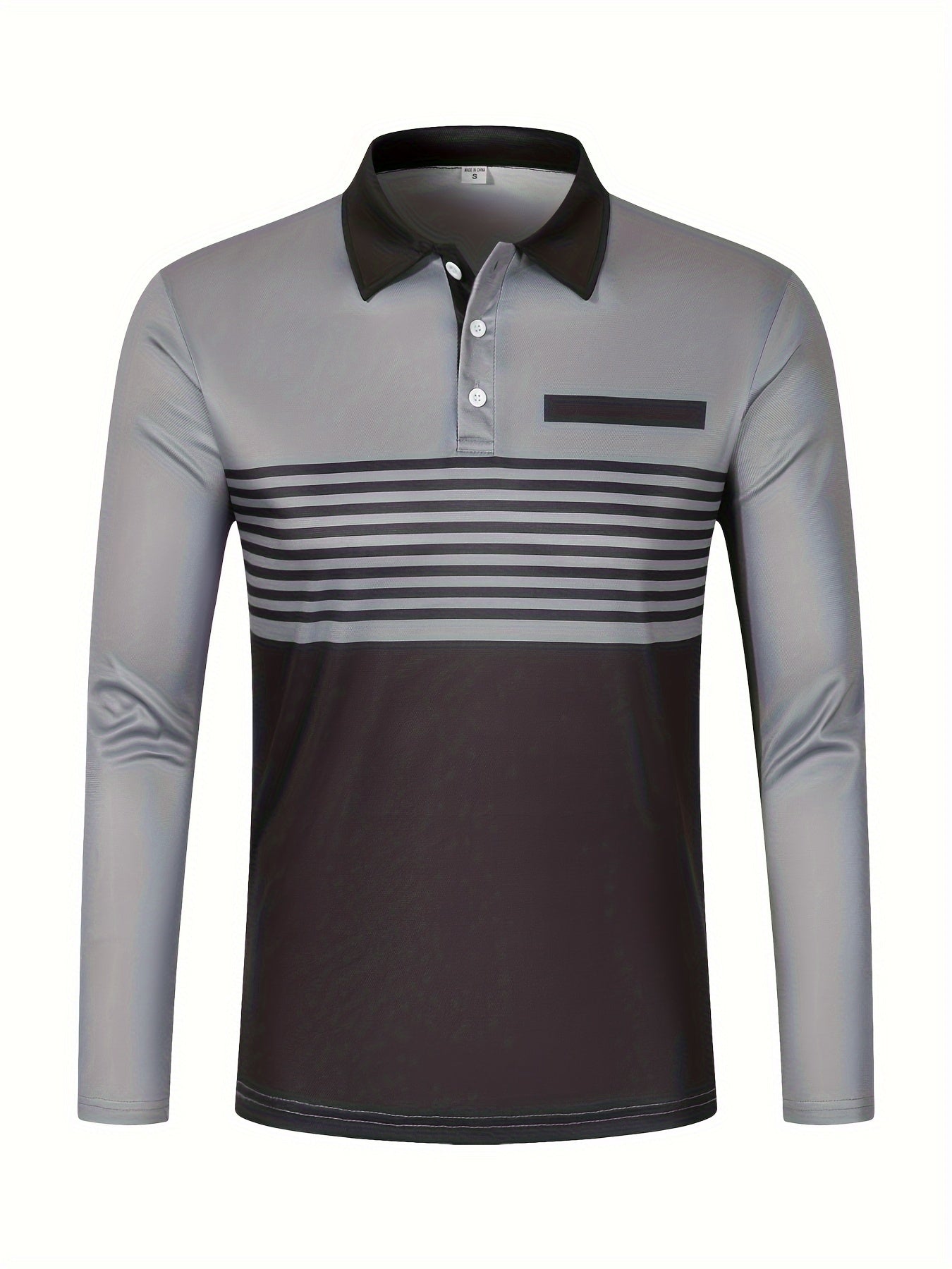 Men's Long Sleeve Color Block Golf Shirt with Striped Pattern and Slight Stretch