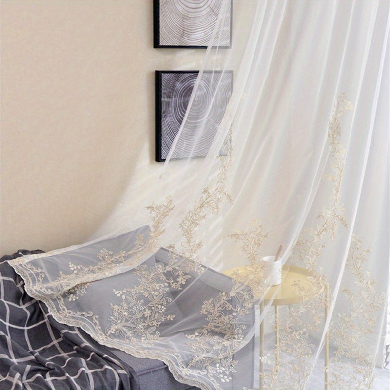 Golden Thread Embroidery Sheer Curtain for Living Room and Bedroom European Style Voile Window Treatment
