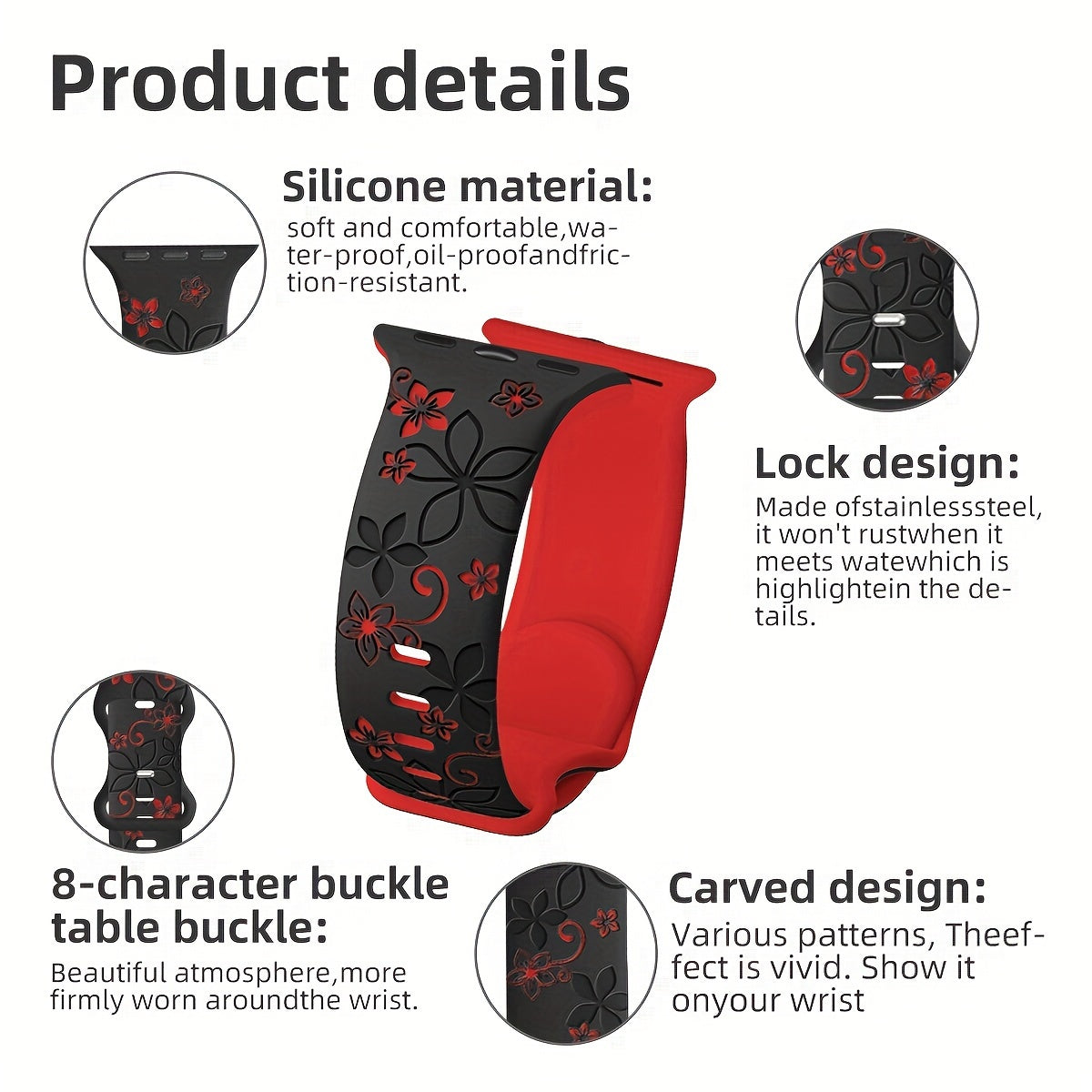 Ayollar uchun turli o'lchamlarda iWatch uchun gullar bilan o'yilgan silikon sport tasma.