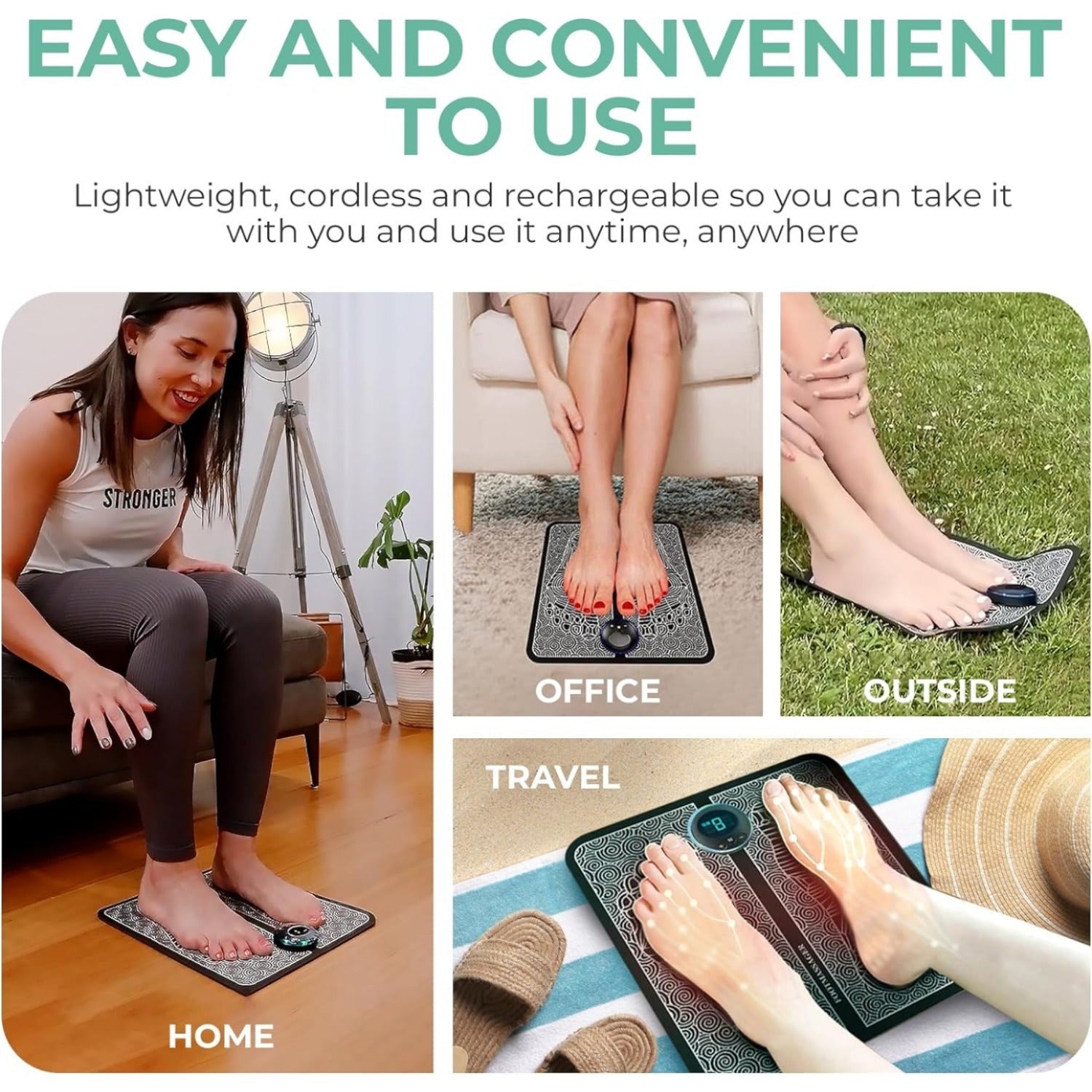 15 daqiqalik tinchlantiruvchi qulaylik, 6 ta sozlama va uyda dam olish uchun USB orqali zaryadlanadigan elektr oyoq massajchisi.