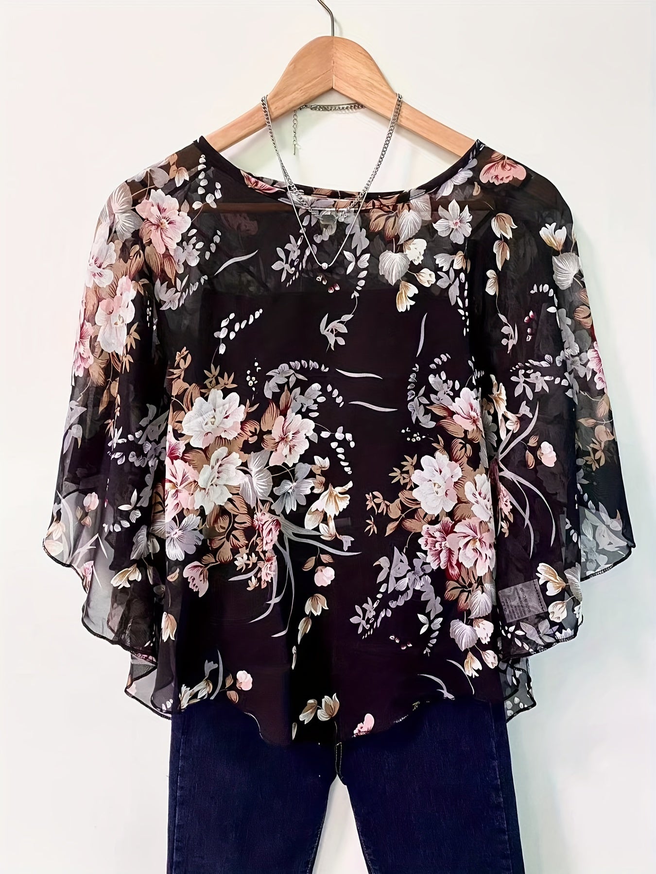Floral Print Asymmetrical Blouse for Women Sheer Sleeves Sun Protection Beachwear