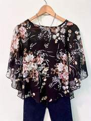 Floral Print Asymmetrical Blouse for Women Sheer Sleeves Sun Protection Beachwear