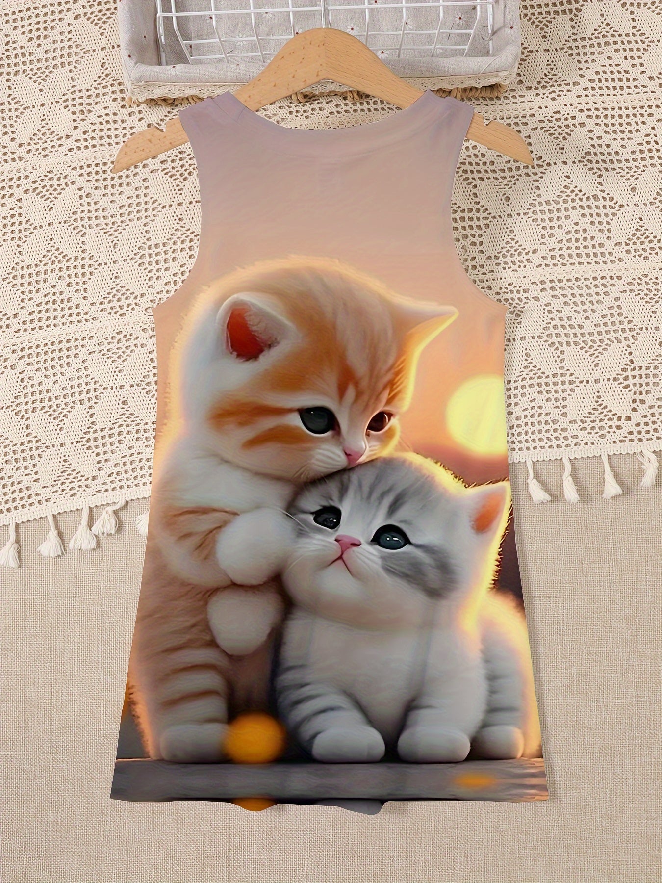 Kids Girls Sleeveless Dress with Kitten and Sunset Print for Summer and Spring