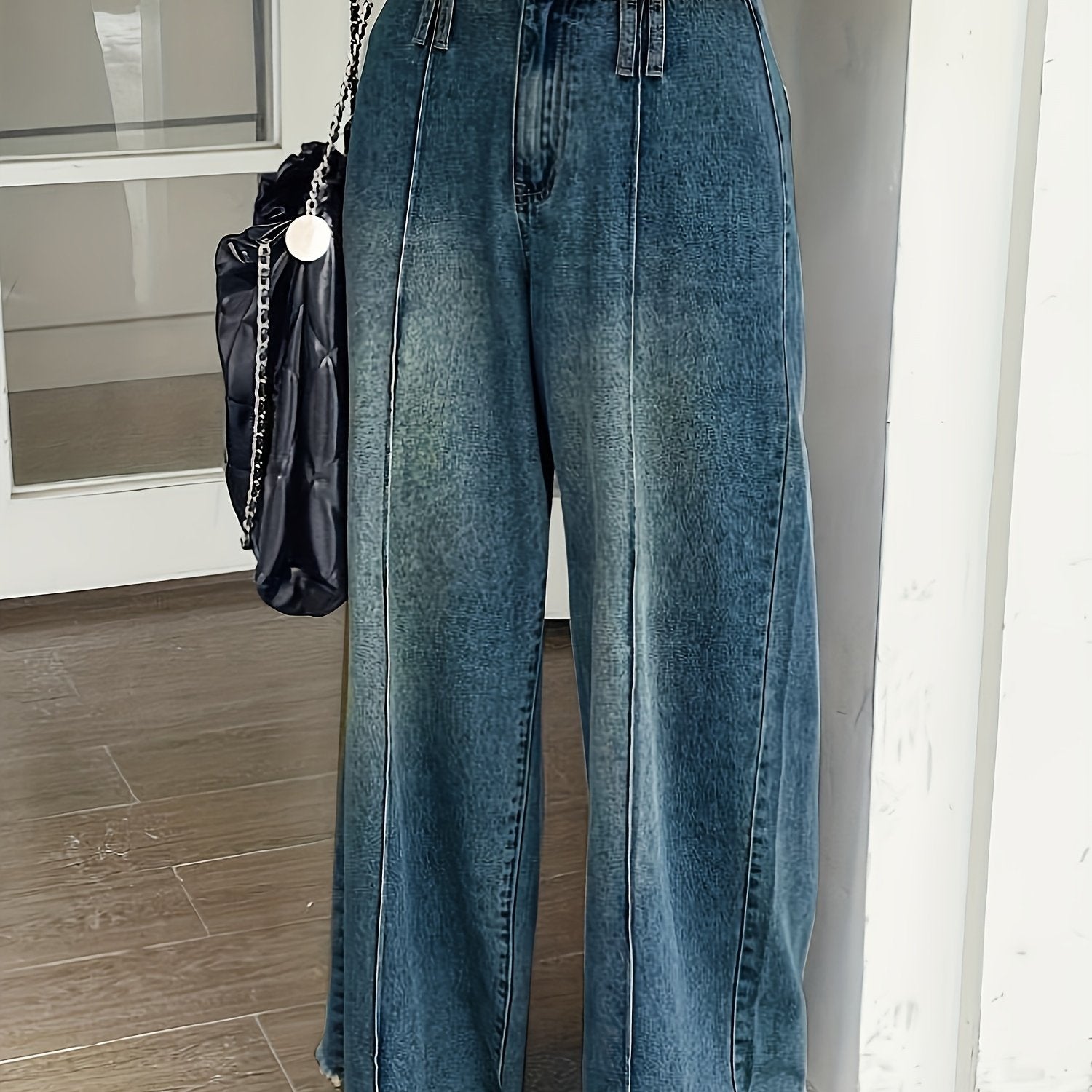 Plus Size Women High Waist Denim Jeans Wide Leg Cotton Blend Wash