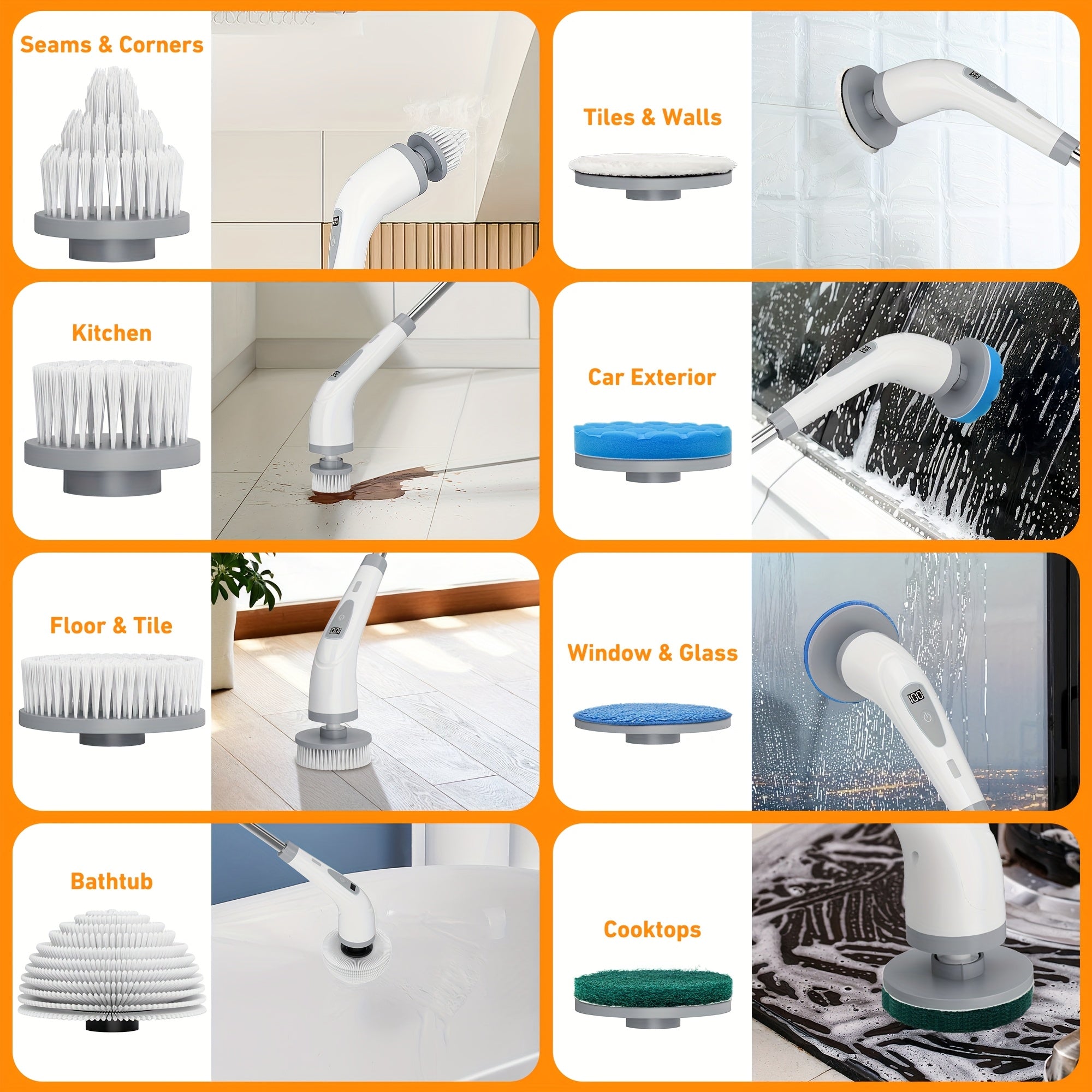 Multi-functional electric spin scrubber with adjustable handle 7 brush heads USB rechargeable